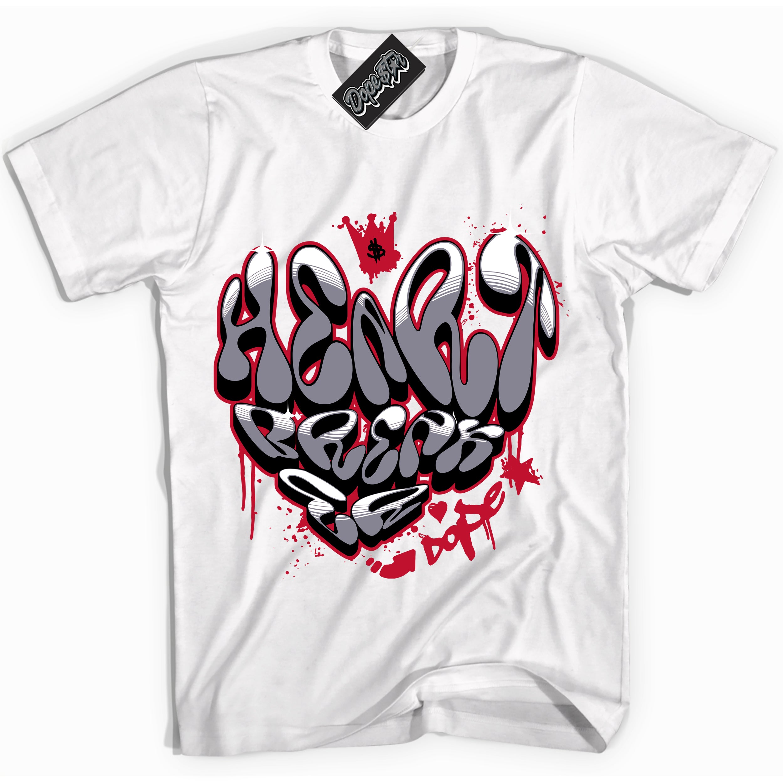 Cool White Shirt with “ Heartbreaker Graffiti ” design that perfectly matches Cement Grey Fire Red 1s Sneakers.