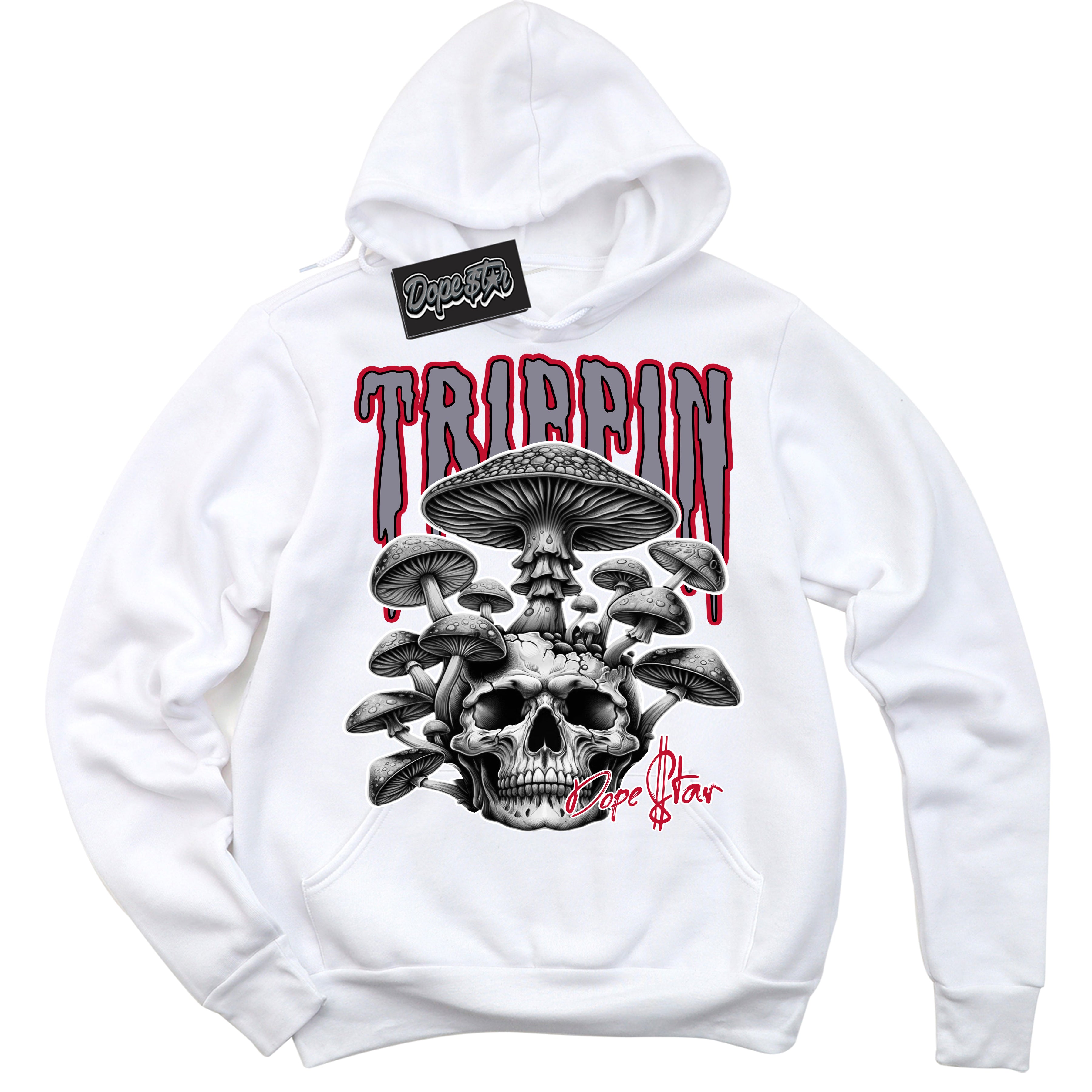 Cool White Hoodie with “Trippin” design that Perfectly Matches Cement Grey Fire Red 1s Sneakers.