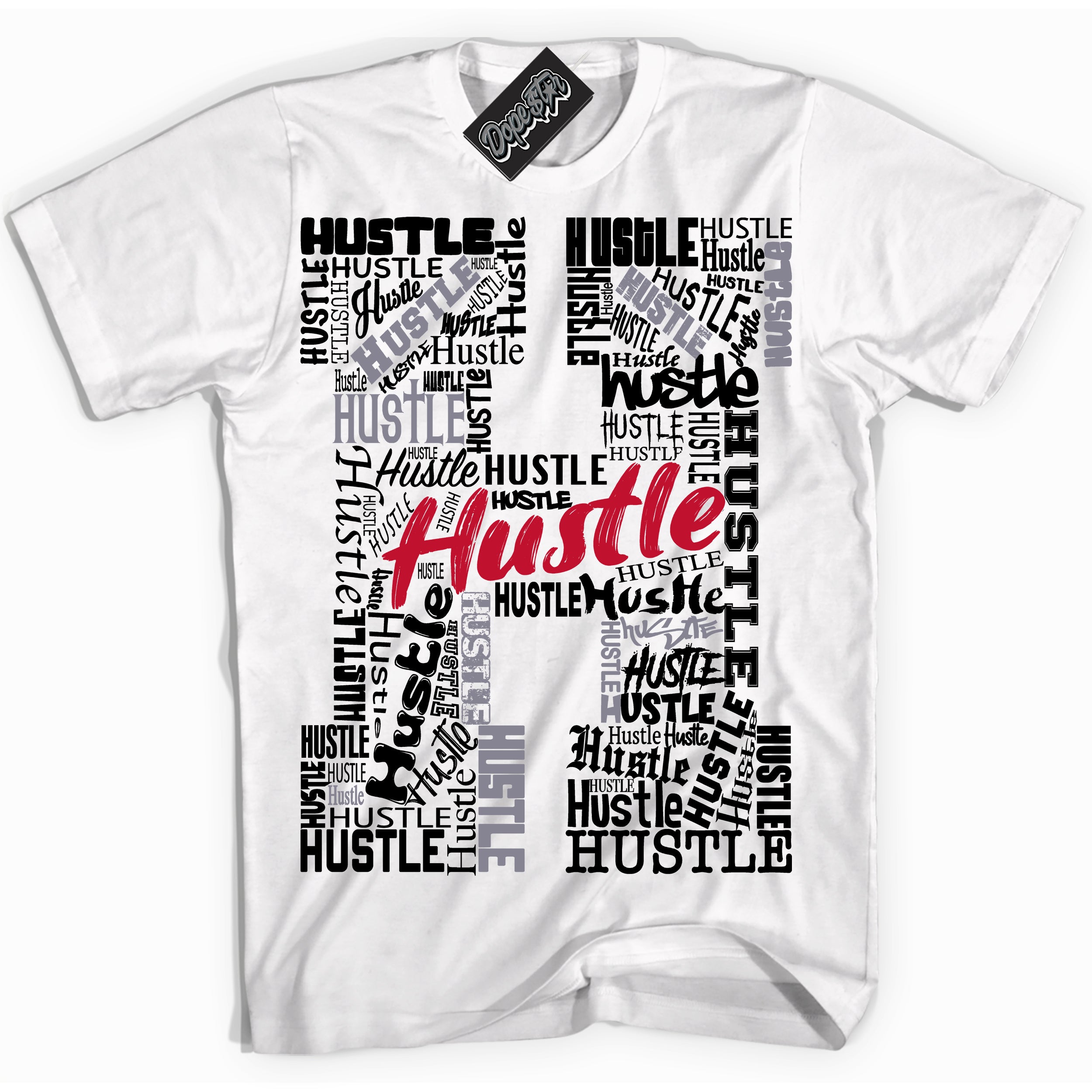 Cool White Shirt with “ Hustle H ” design that perfectly matches Cement Grey Fire Red 1s Sneakers.