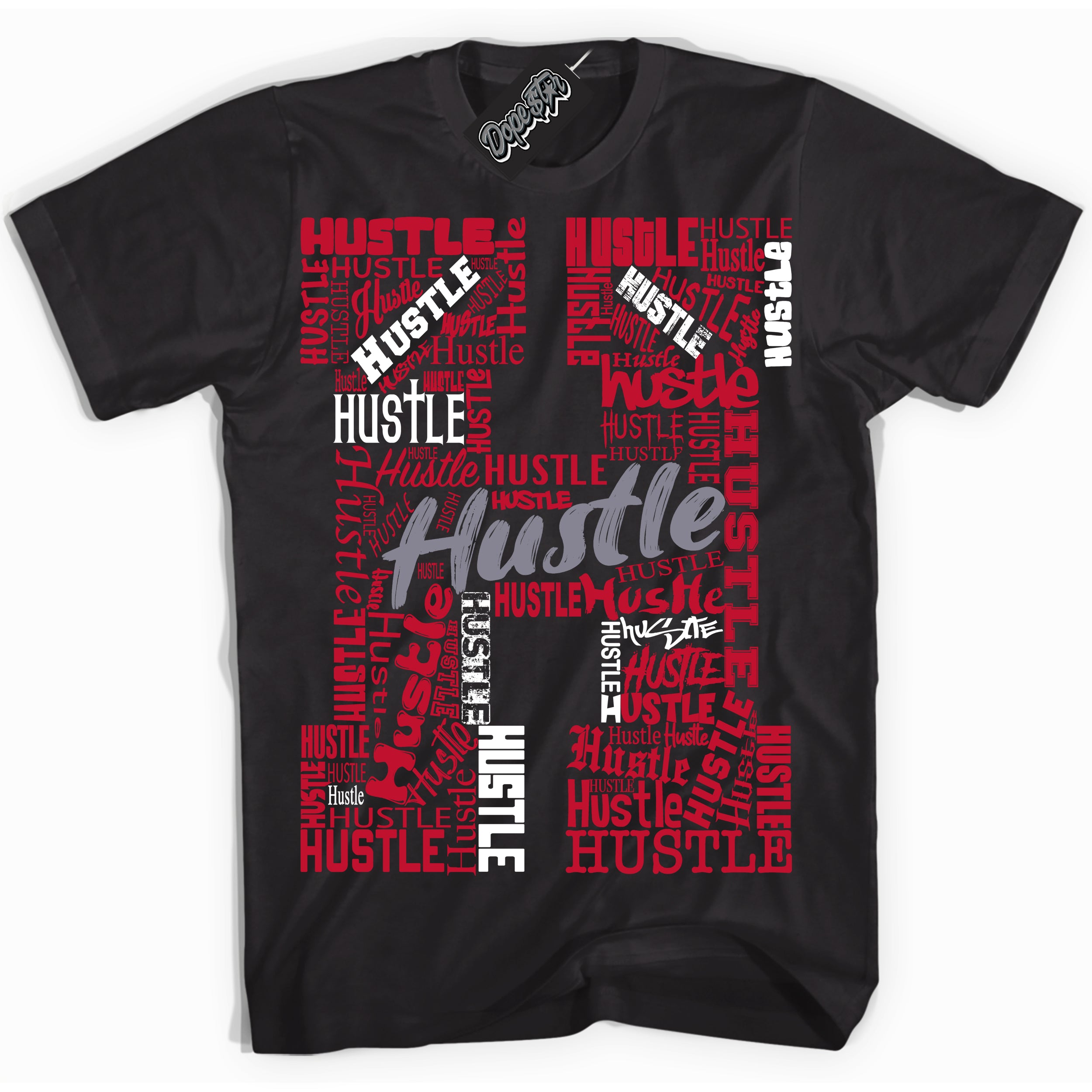 Cool Black Shirt with “ Hustle H ” design that perfectly matches Cement Grey Fire Red 1s Sneakers.