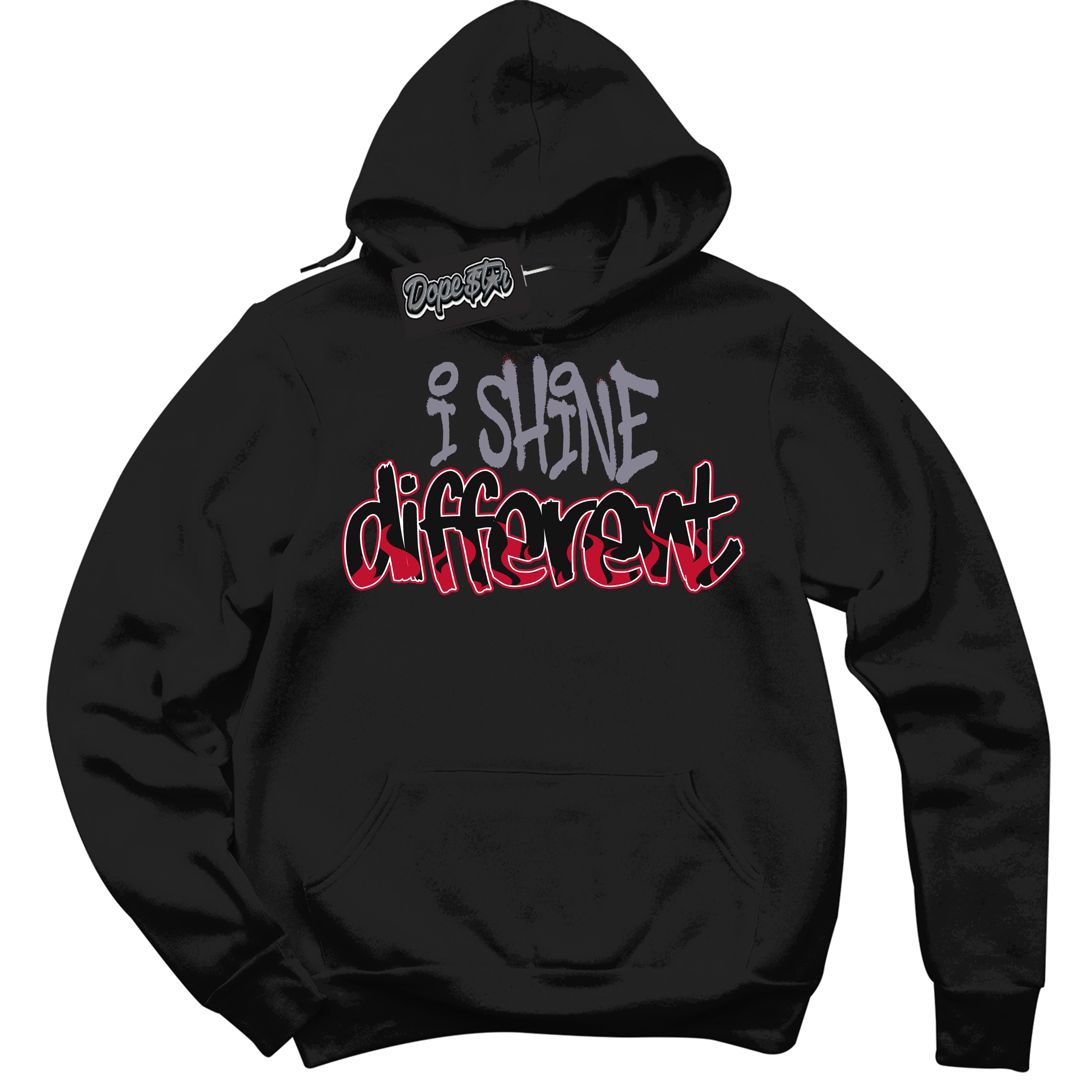 Cool Black Hoodie with “ I Shine Different '' design that Perfectly Matches  Cement Grey Fire Red 1s Sneakers.