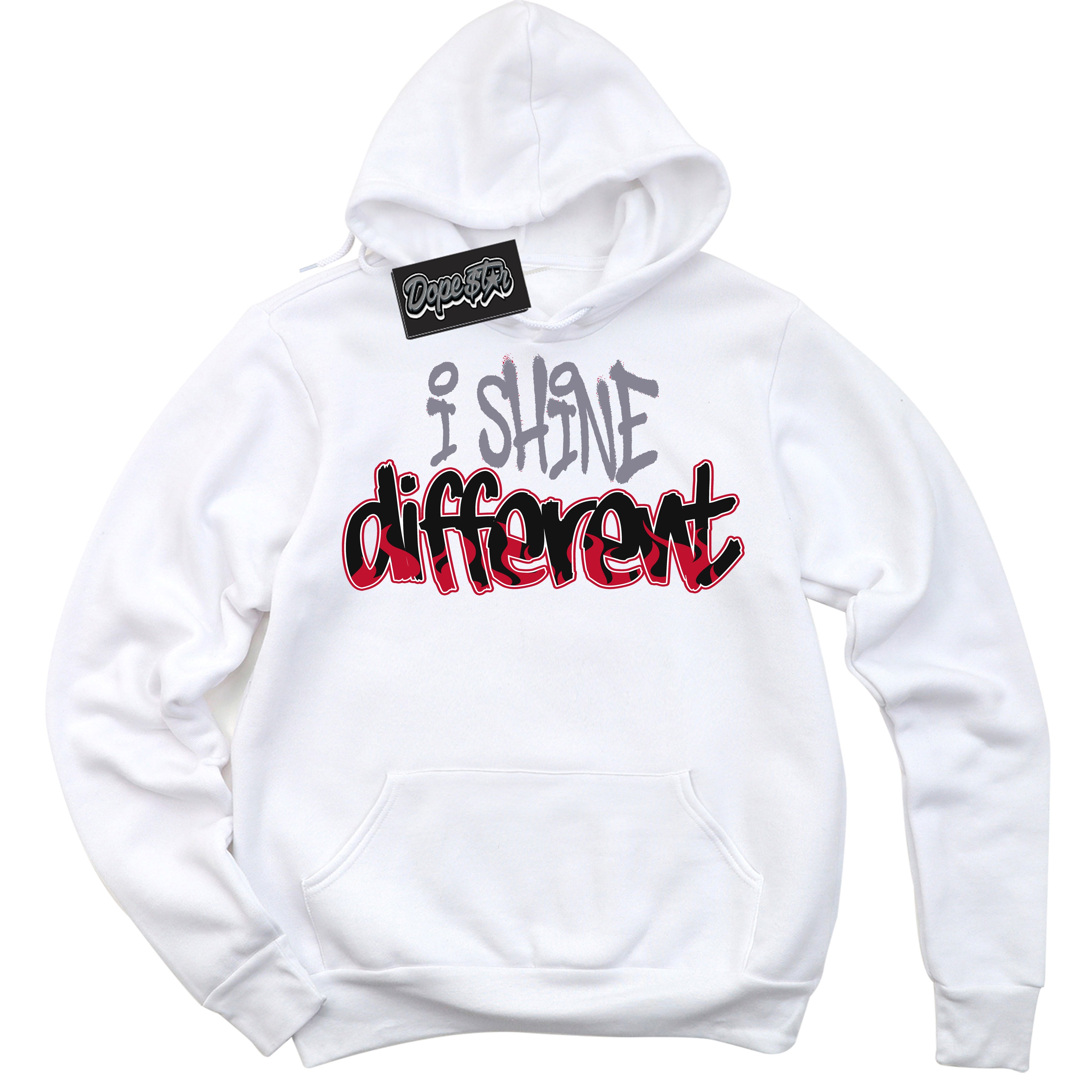 Cool White Hoodie with “ I Shine Different '' design that Perfectly Matches  Cement Grey Fire Red 1s Sneakers.