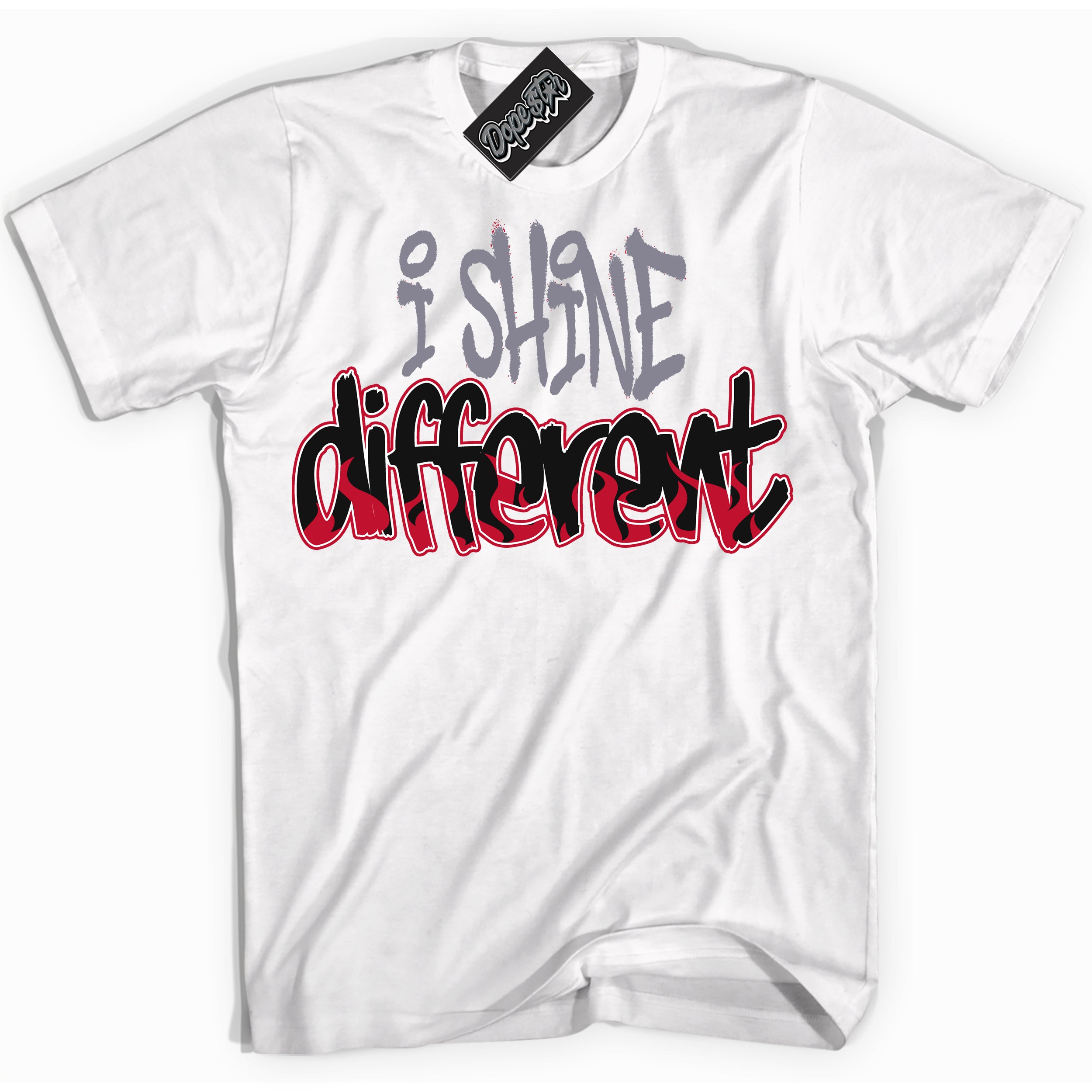 Cool White Shirt with “ I Shine Different ” design that perfectly matches Cement Grey Fire Red 1s Sneakers.