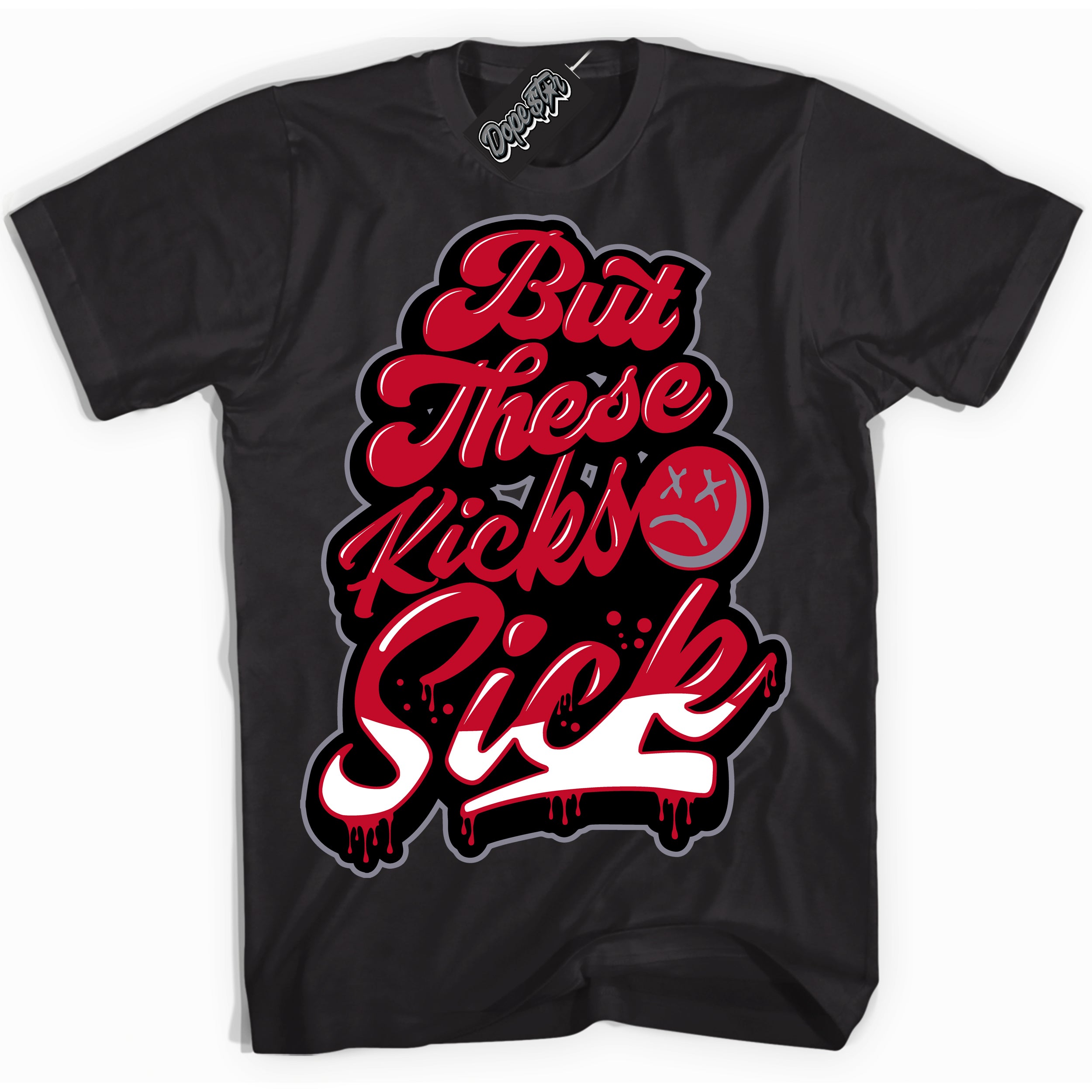 Cool Black Shirt with “ Kick Sick ” design that perfectly matches Cement Grey Fire Red 1s Sneakers.