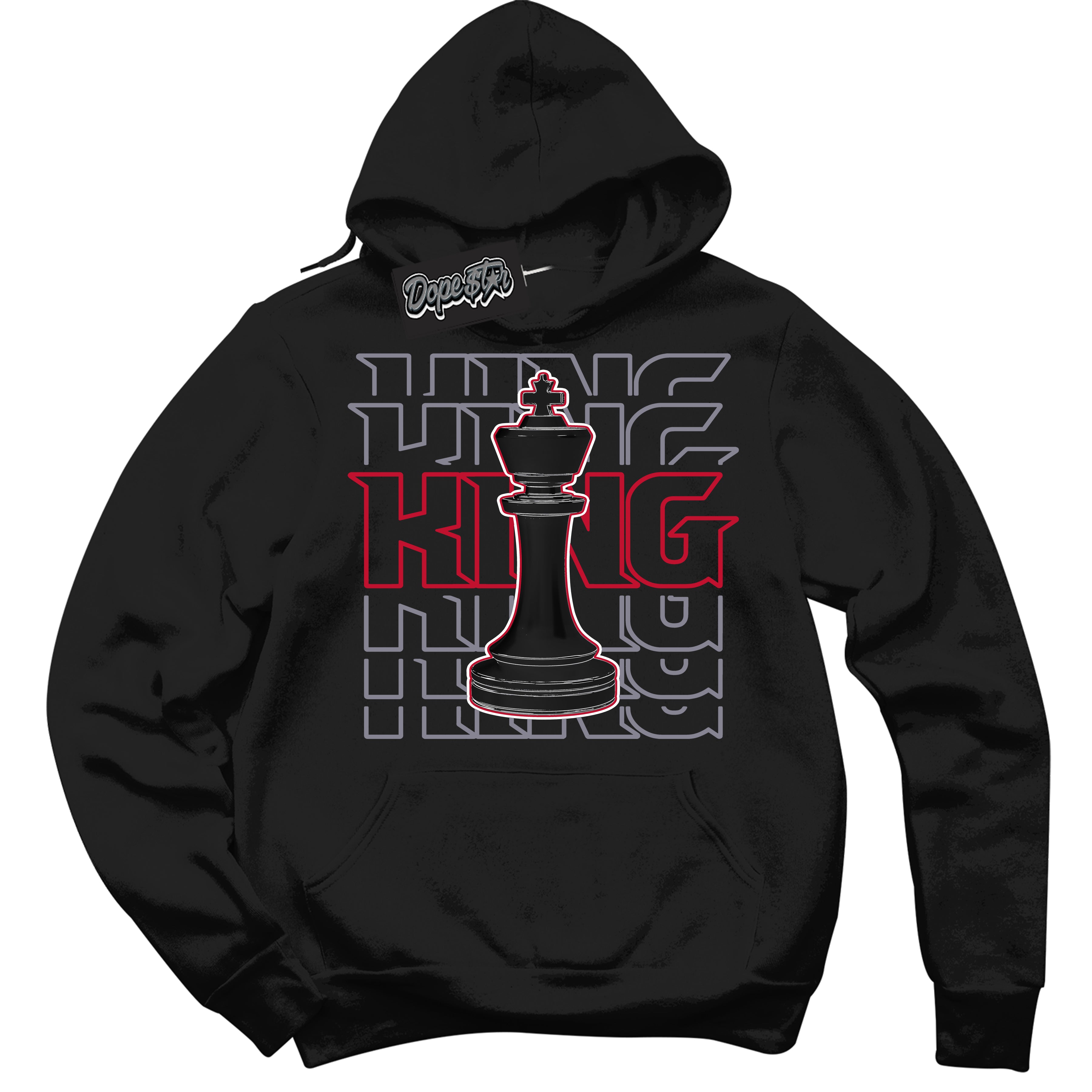 Cool Black Hoodie with “ King Chess '' design that Perfectly Matches  Cement Grey Fire Red 1s Sneakers.