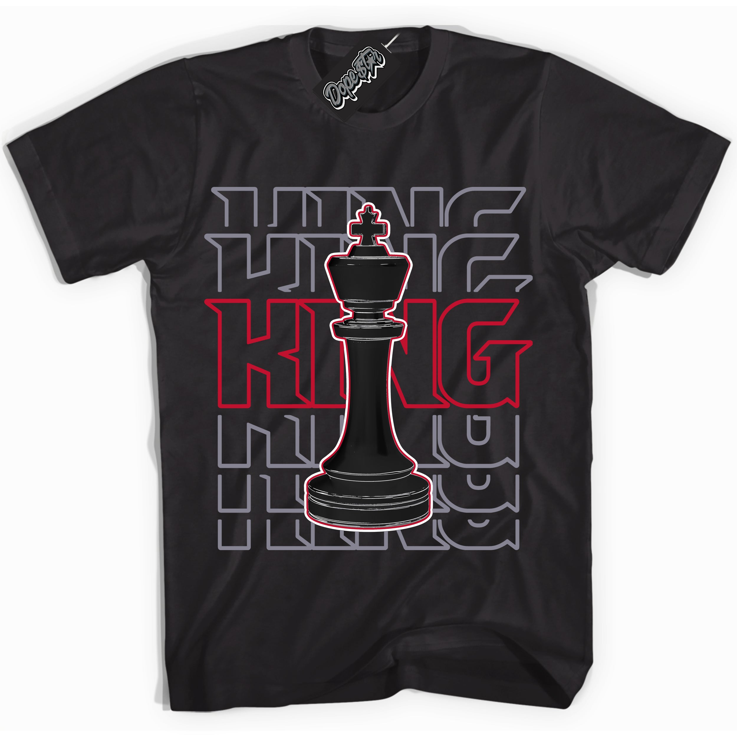 Cool Black Shirt with “ King Chess ” design that perfectly matches Cement Grey Fire Red 1s Sneakers.