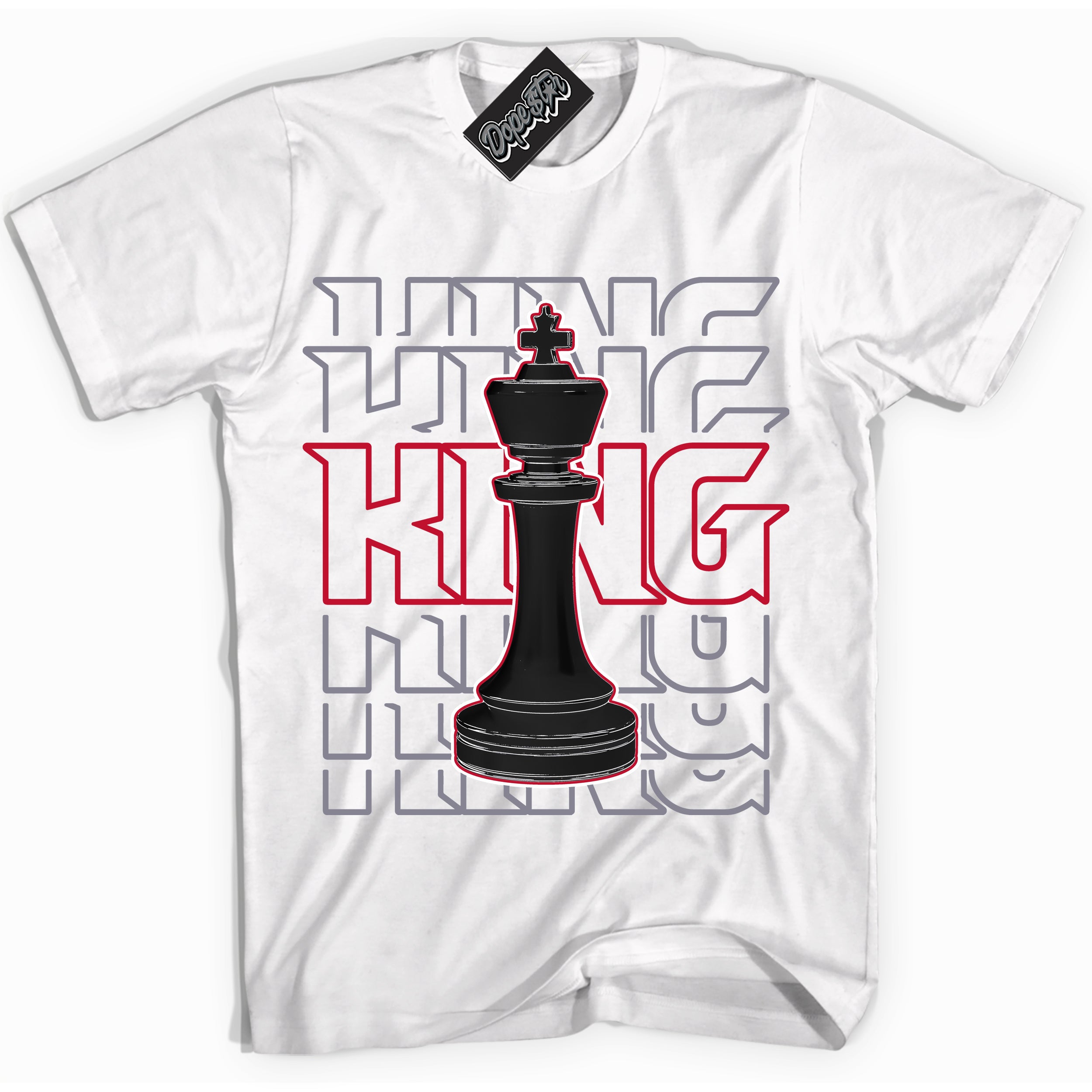 Cool White Shirt with “ King Chess ” design that perfectly matches Cement Grey Fire Red 1s Sneakers.