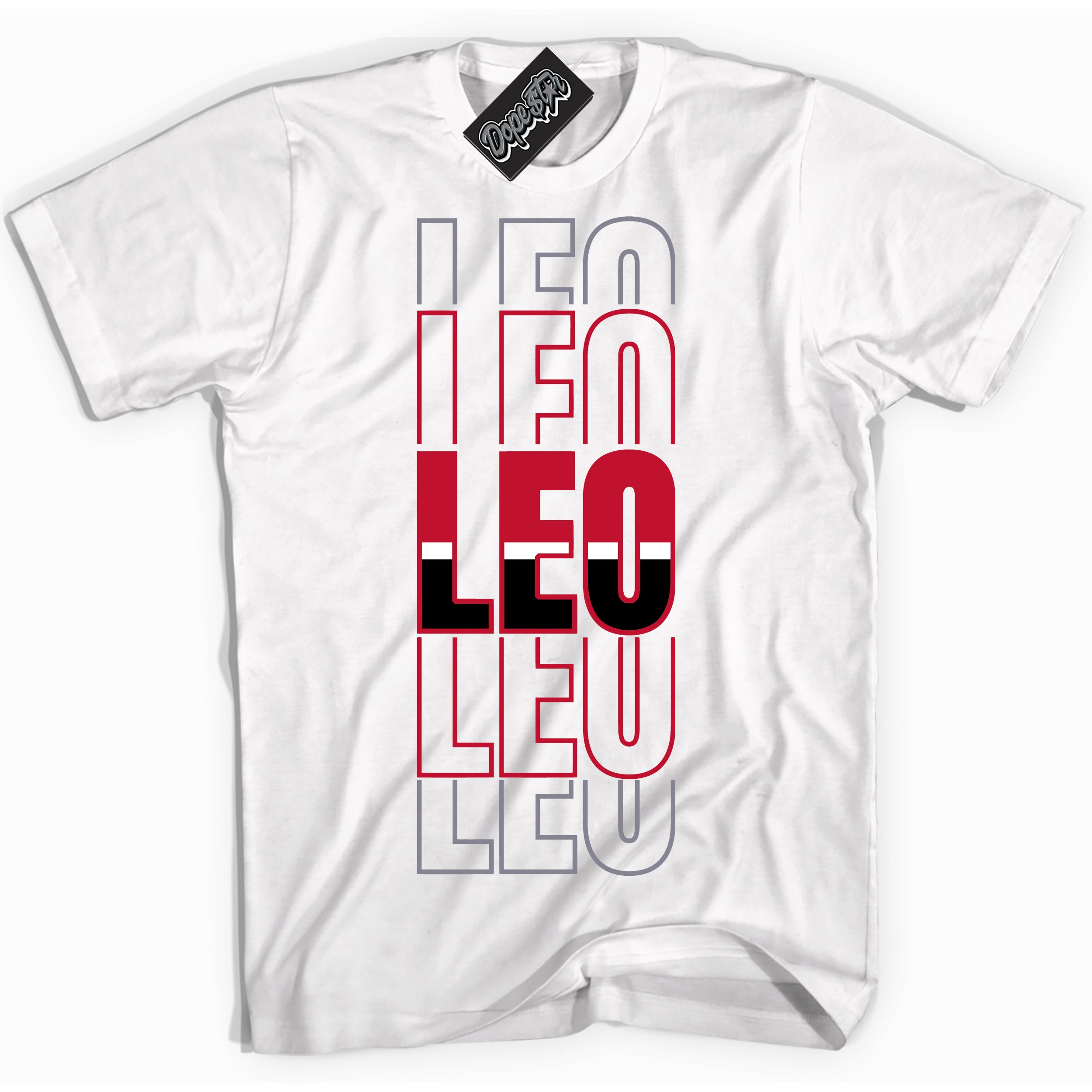 Cool White Shirt with “ Leo ” design that perfectly matches Cement Grey Fire Red 1s Sneakers.