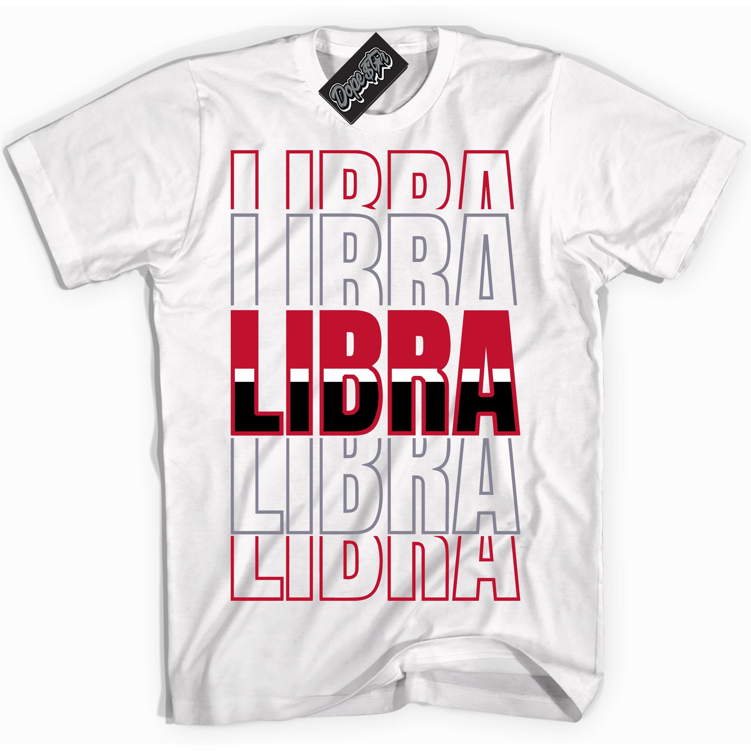 Cool White Shirt with “ Libra ” design that perfectly matches Cement Grey Fire Red 1s Sneakers.