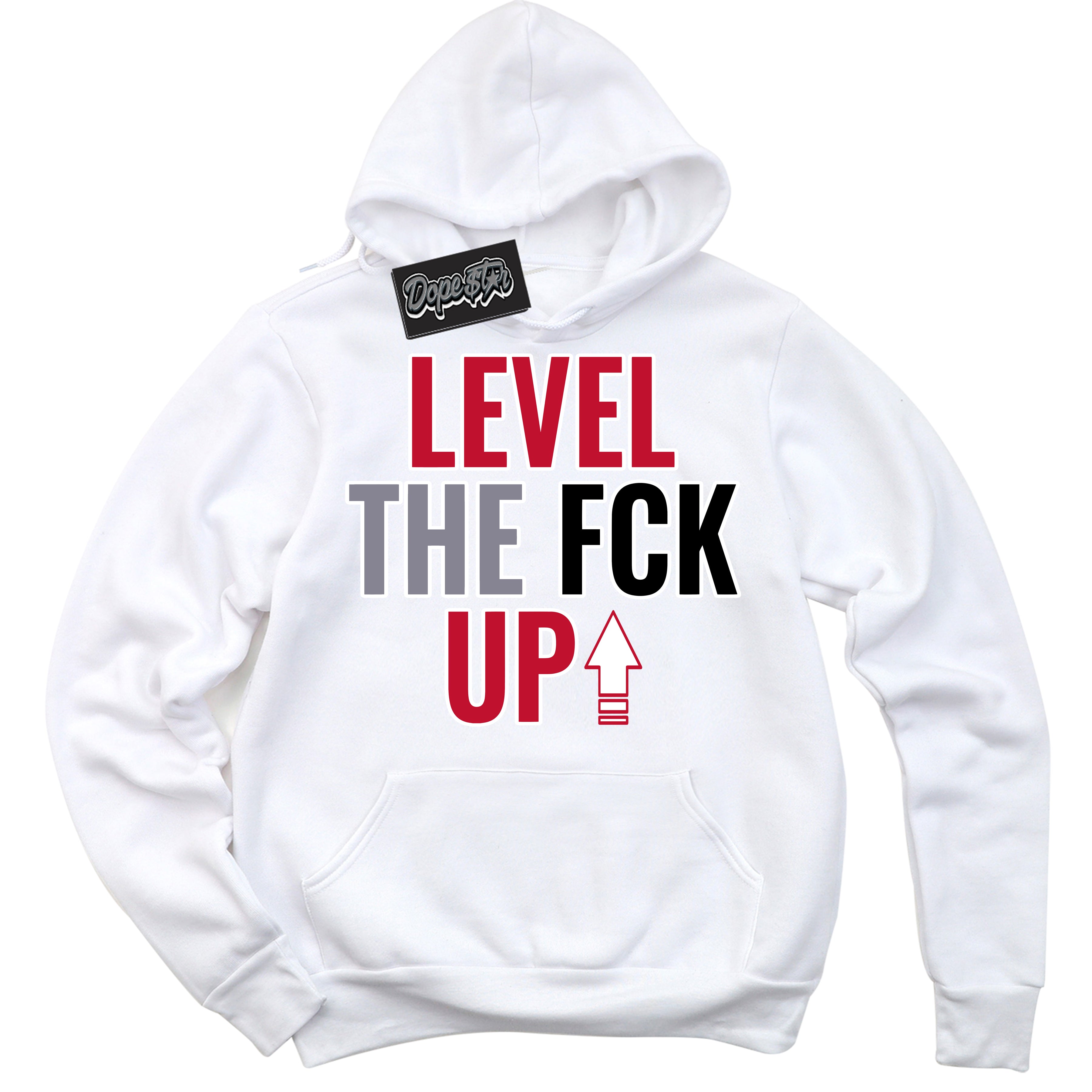 Cool White Hoodie with “ Level The Fck Up '' design that Perfectly Matches  Cement Grey Fire Red 1s Sneakers.