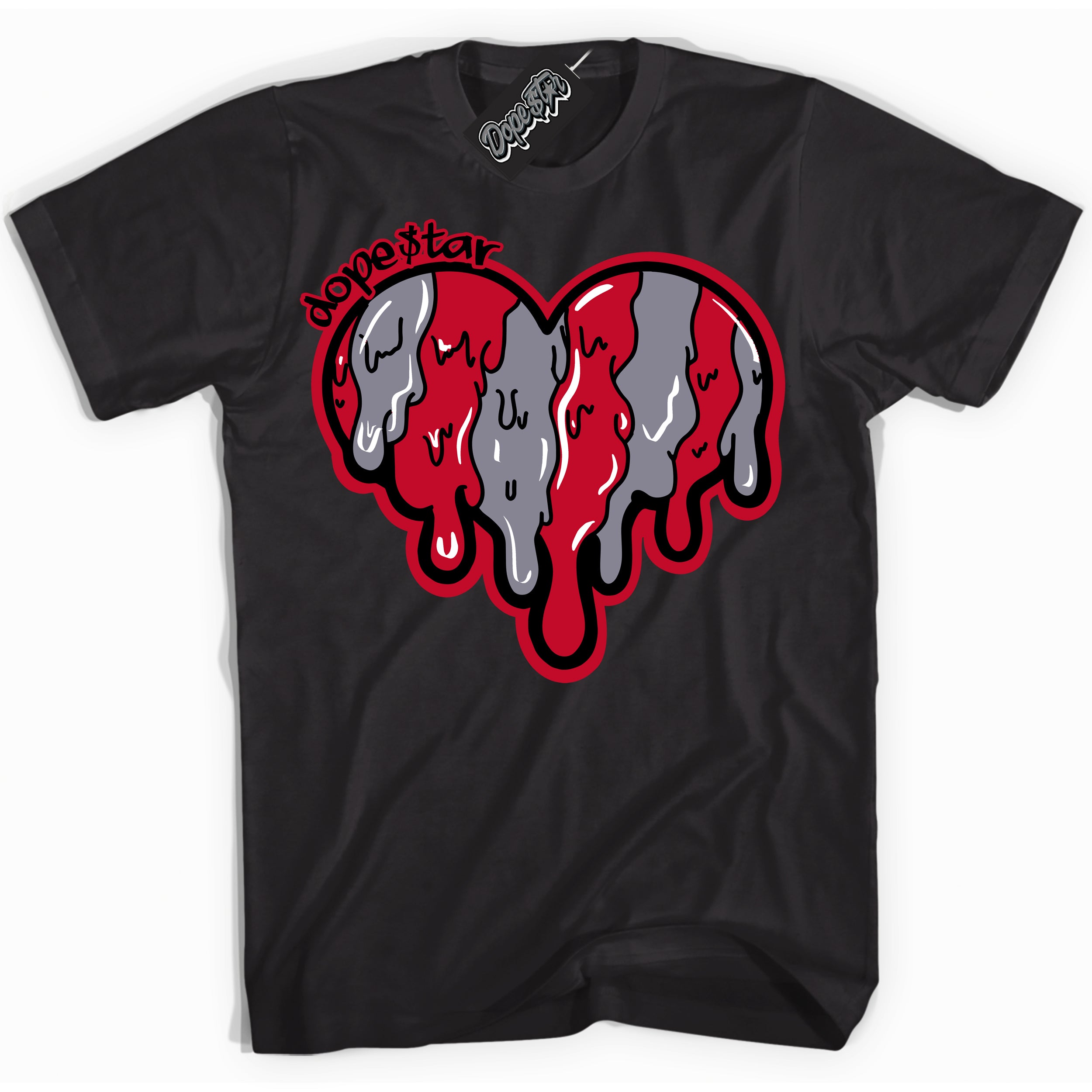 Cool Black Shirt with “ Melting Heart ” design that perfectly matches Cement Grey Fire Red 1s Sneakers.