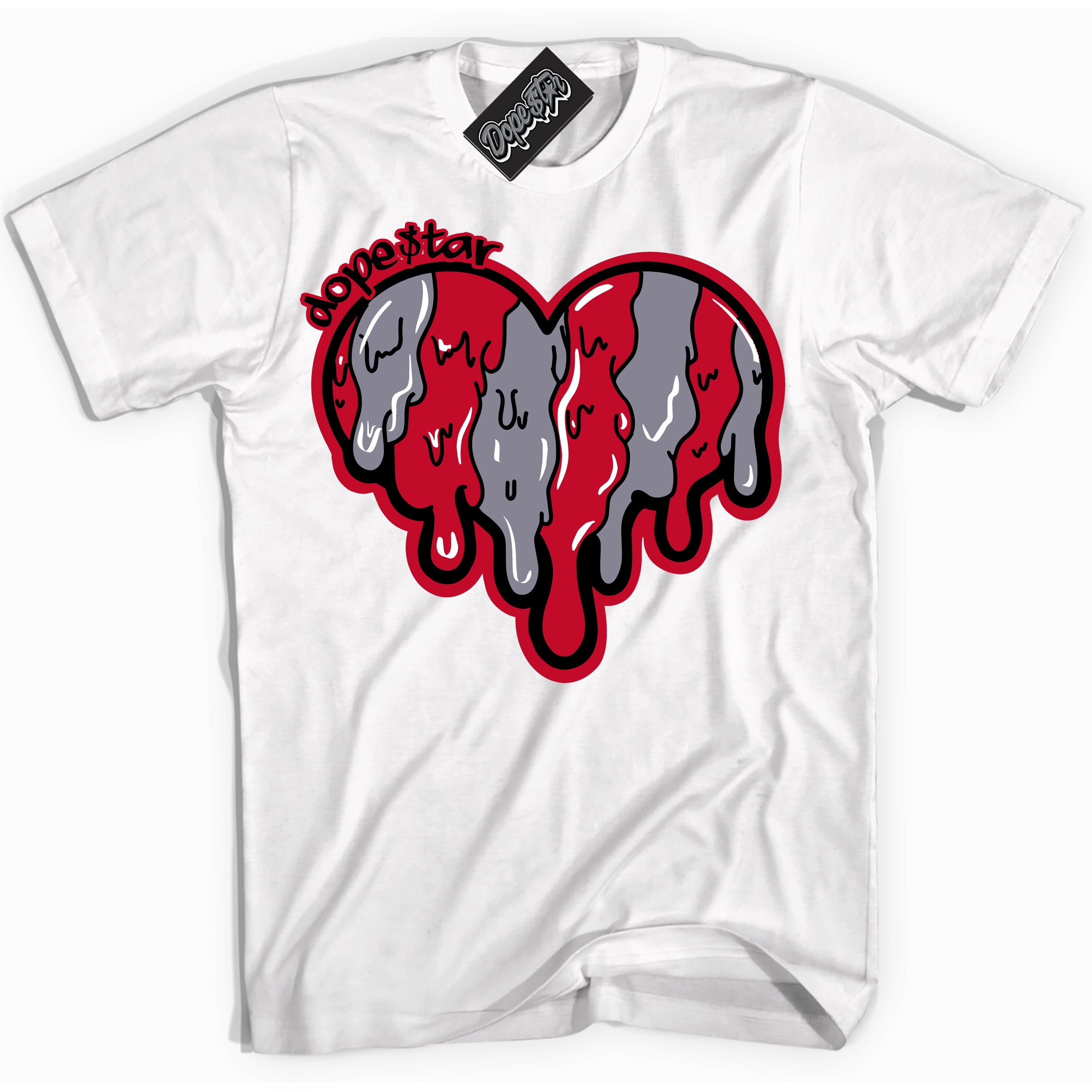 Cool White Shirt with “ Melting Heart ” design that perfectly matches Cement Grey Fire Red 1s Sneakers.