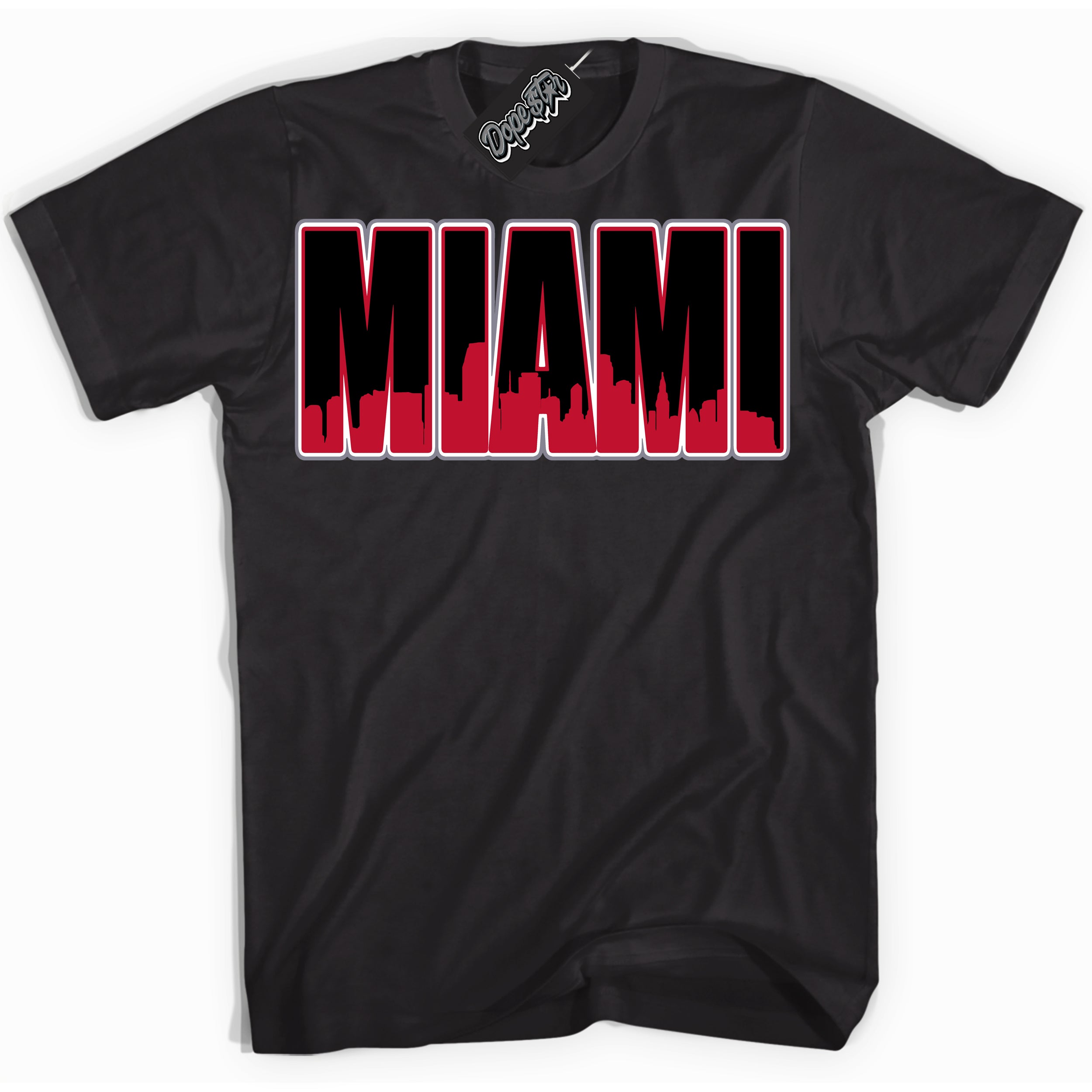 Cool Black Shirt with “ Miami ” design that perfectly matches Cement Grey Fire Red 1s Sneakers.