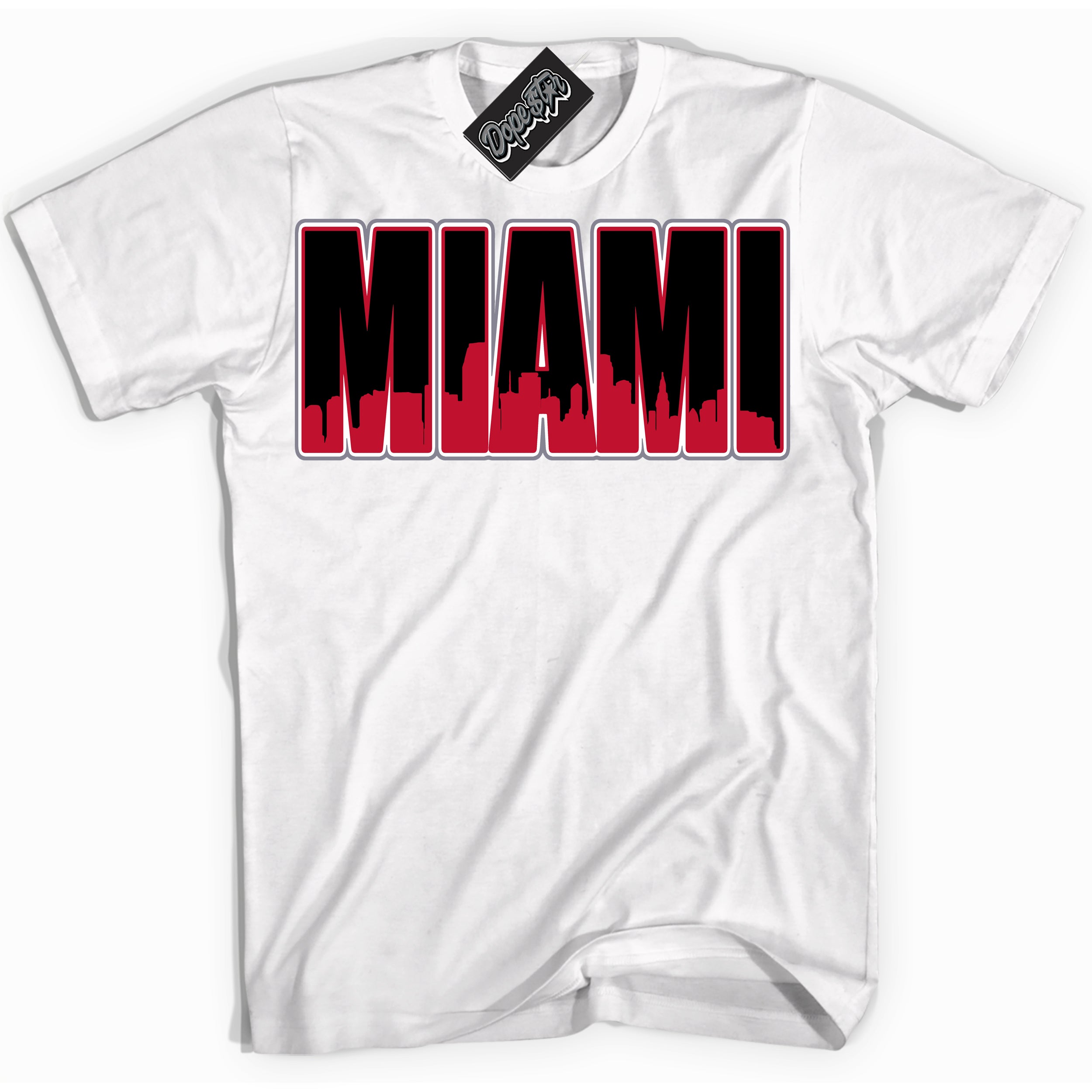 Cool White Shirt with “ Miami ” design that perfectly matches Cement Grey Fire Red 1s Sneakers.