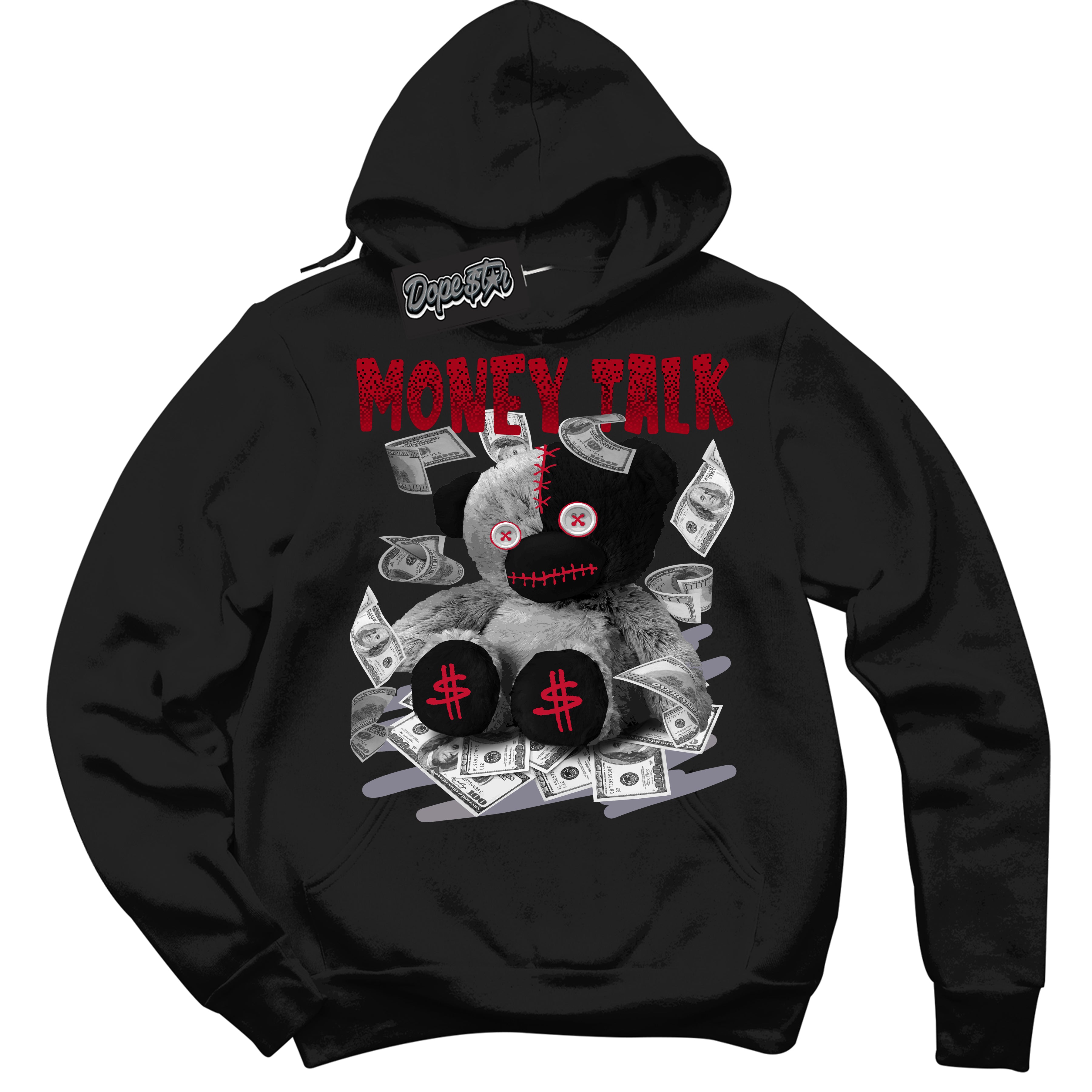 Cool Black Hoodie with “ Money Talk Bear '' design that Perfectly Matches  Cement Grey Fire Red 1s Sneakers.