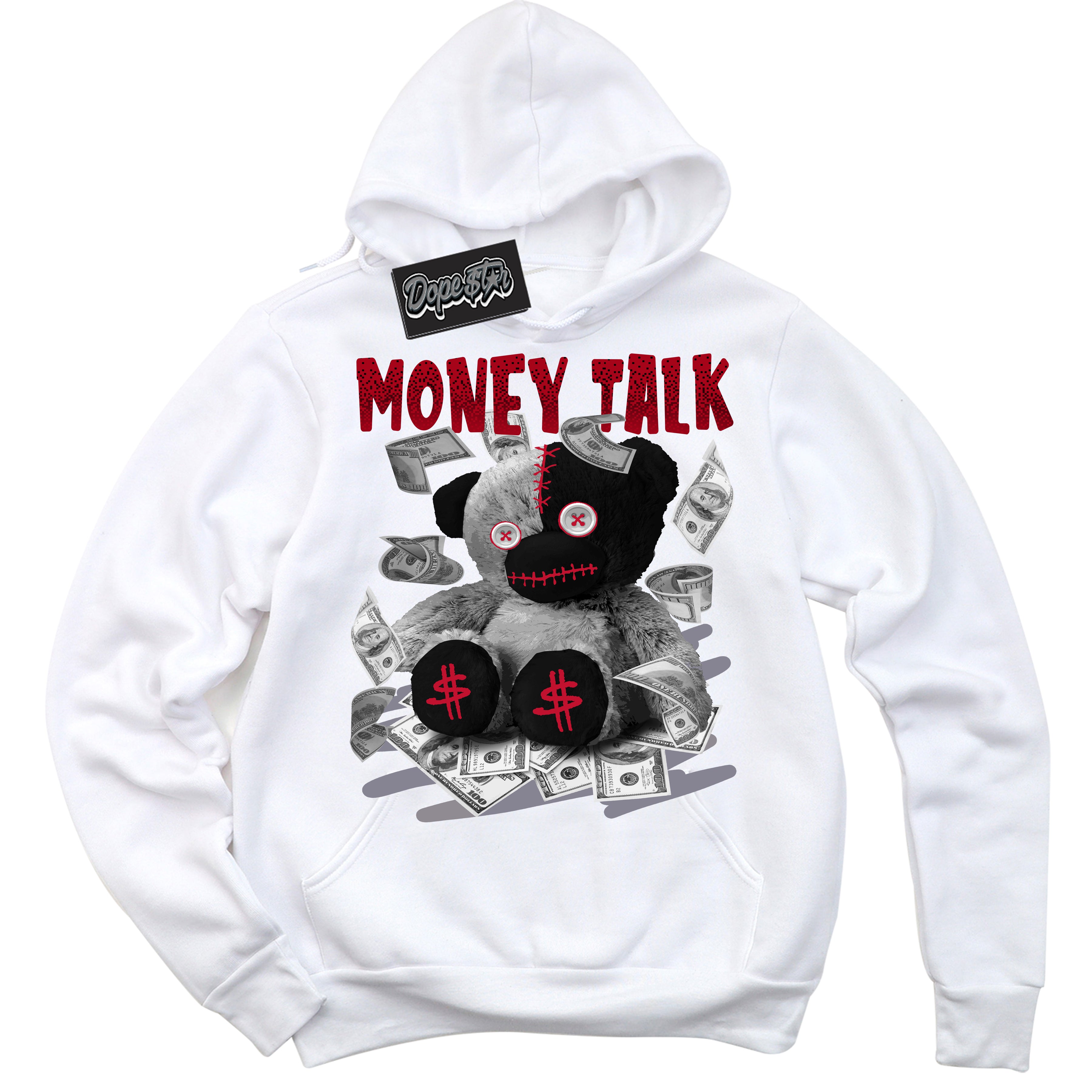 Cool White Hoodie with “ Money Talk Bear '' design that Perfectly Matches  Cement Grey Fire Red 1s Sneakers.