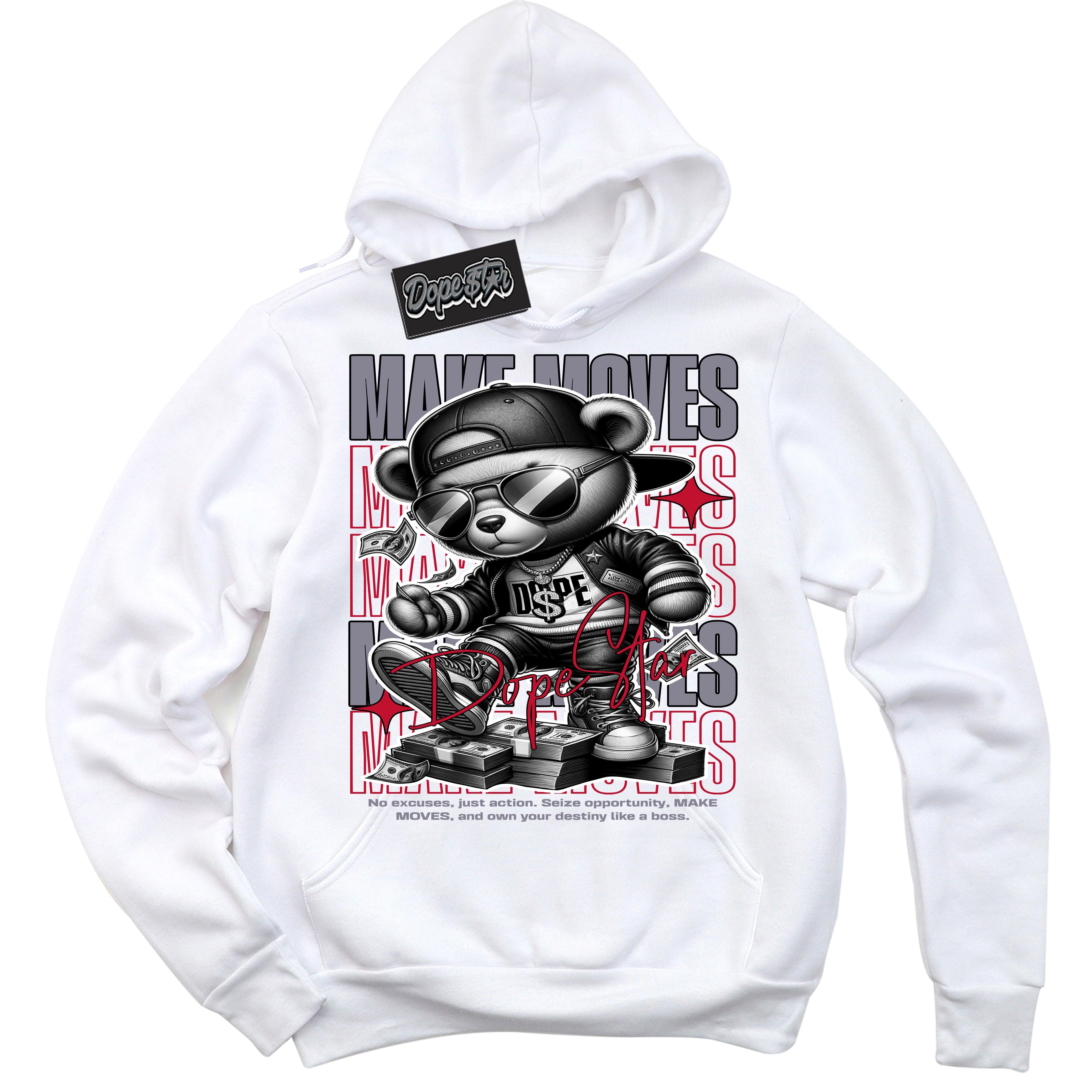 Cool White Hoodie with “ Makin Moves ”  design that Perfectly Matches Cement Grey Fire Red 1s Sneakers.