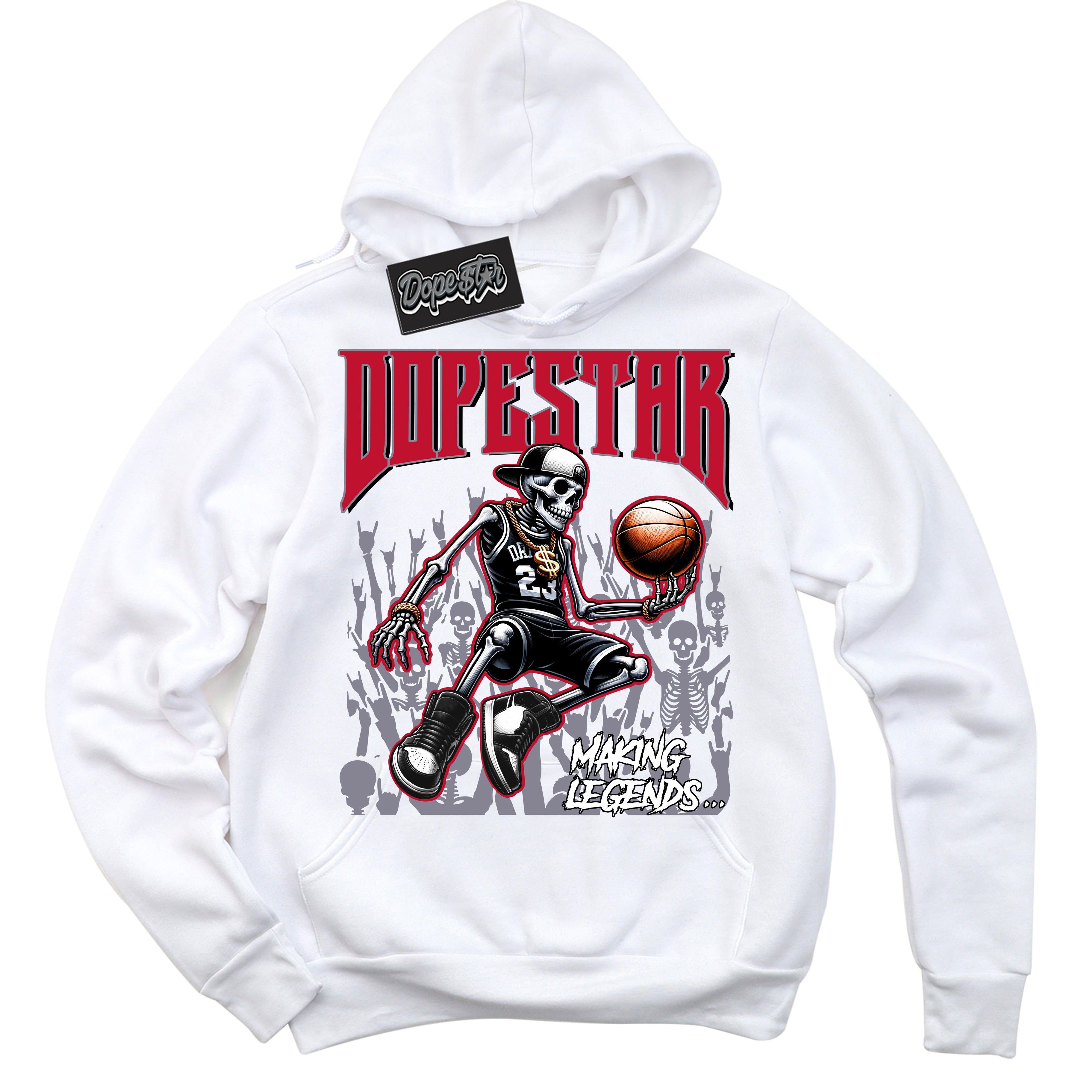 Cool White Hoodie with “ Making Legends ”  design that Perfectly Matches Cement Grey Fire Red 1s Sneakers.