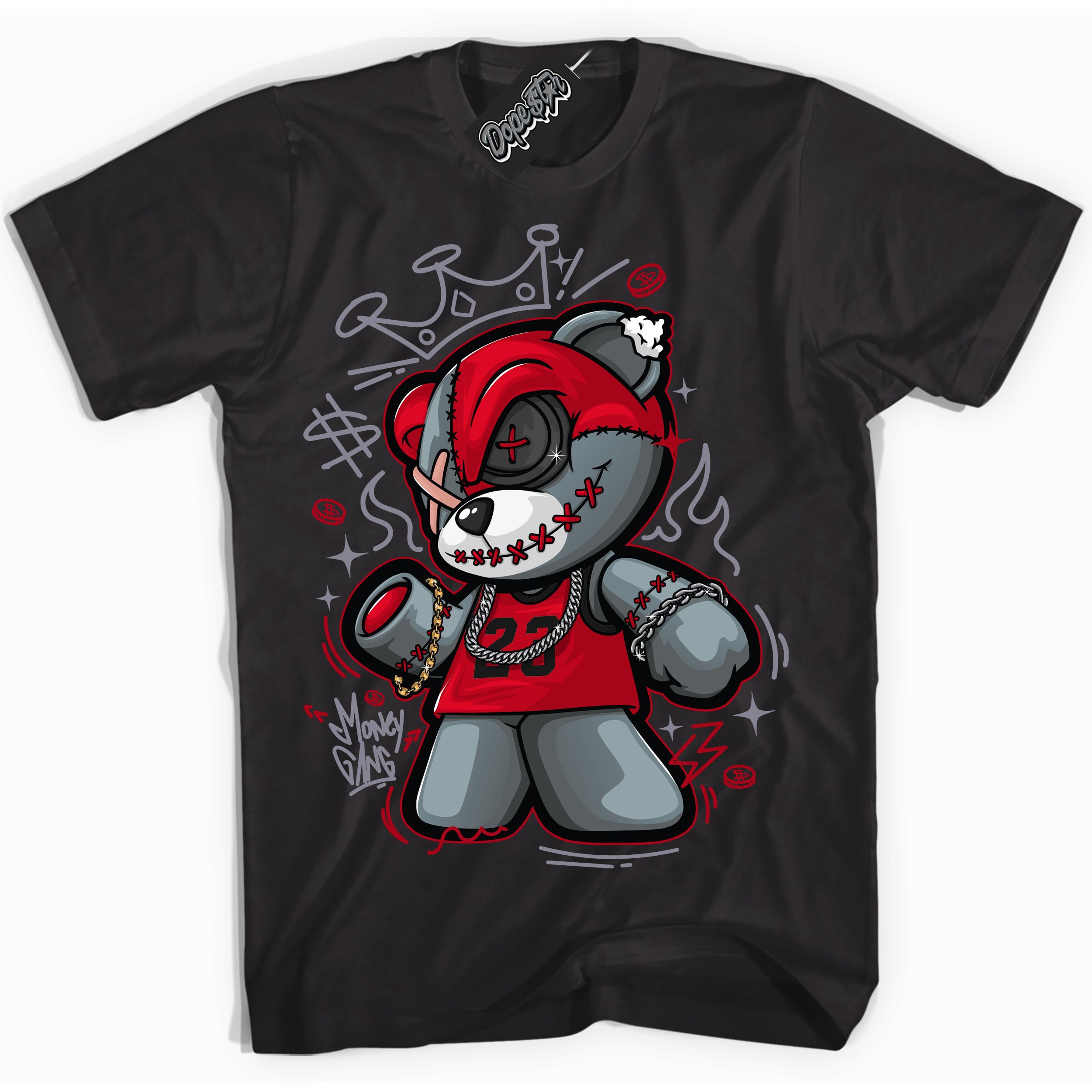 Cool Black Shirt with “ Money Gang Bear ” design that perfectly matches Cement Grey Fire Red 1s Sneakers.