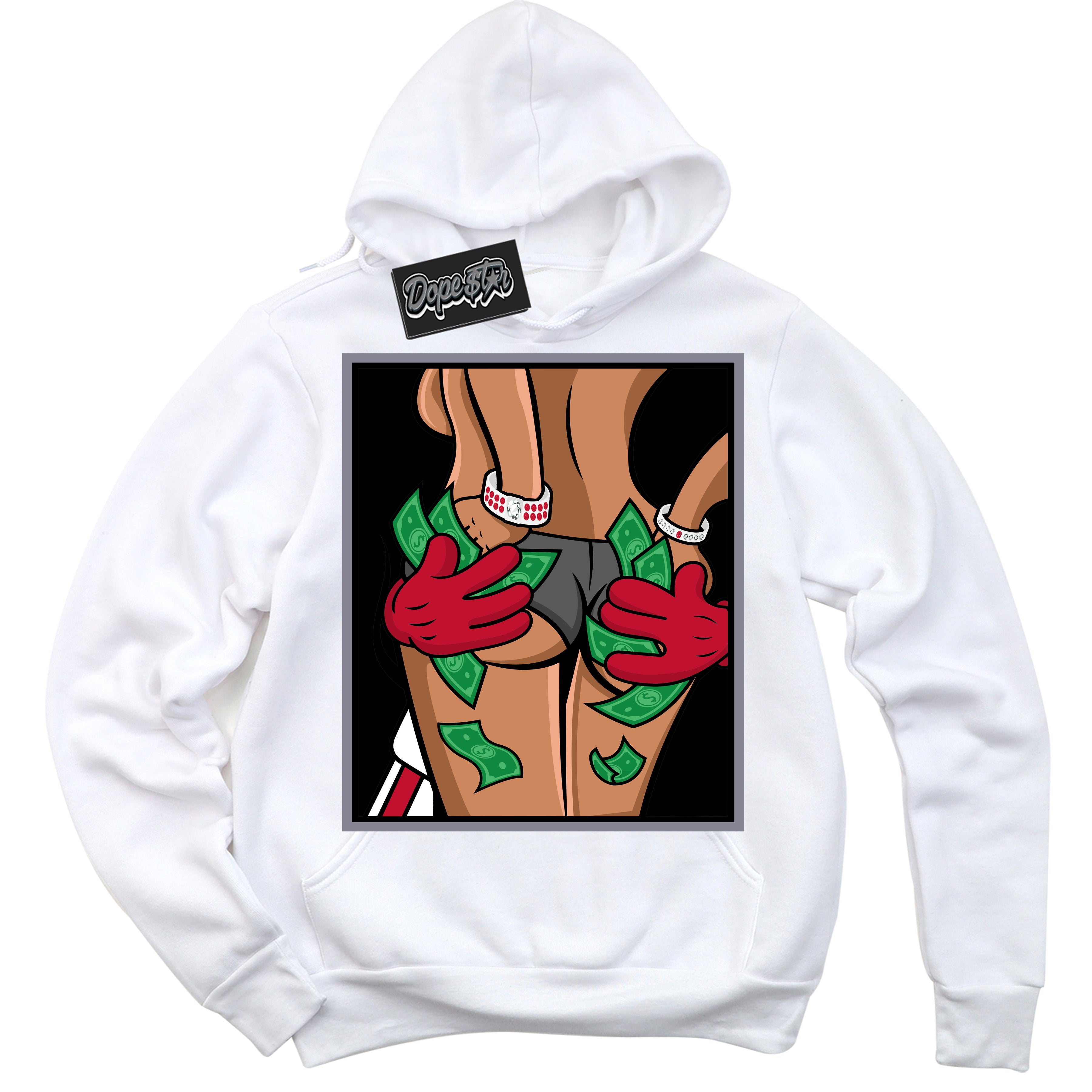 Cool White Hoodie with “ Money Hands '' design that Perfectly Matches  Cement Grey Fire Red 1s Sneakers.