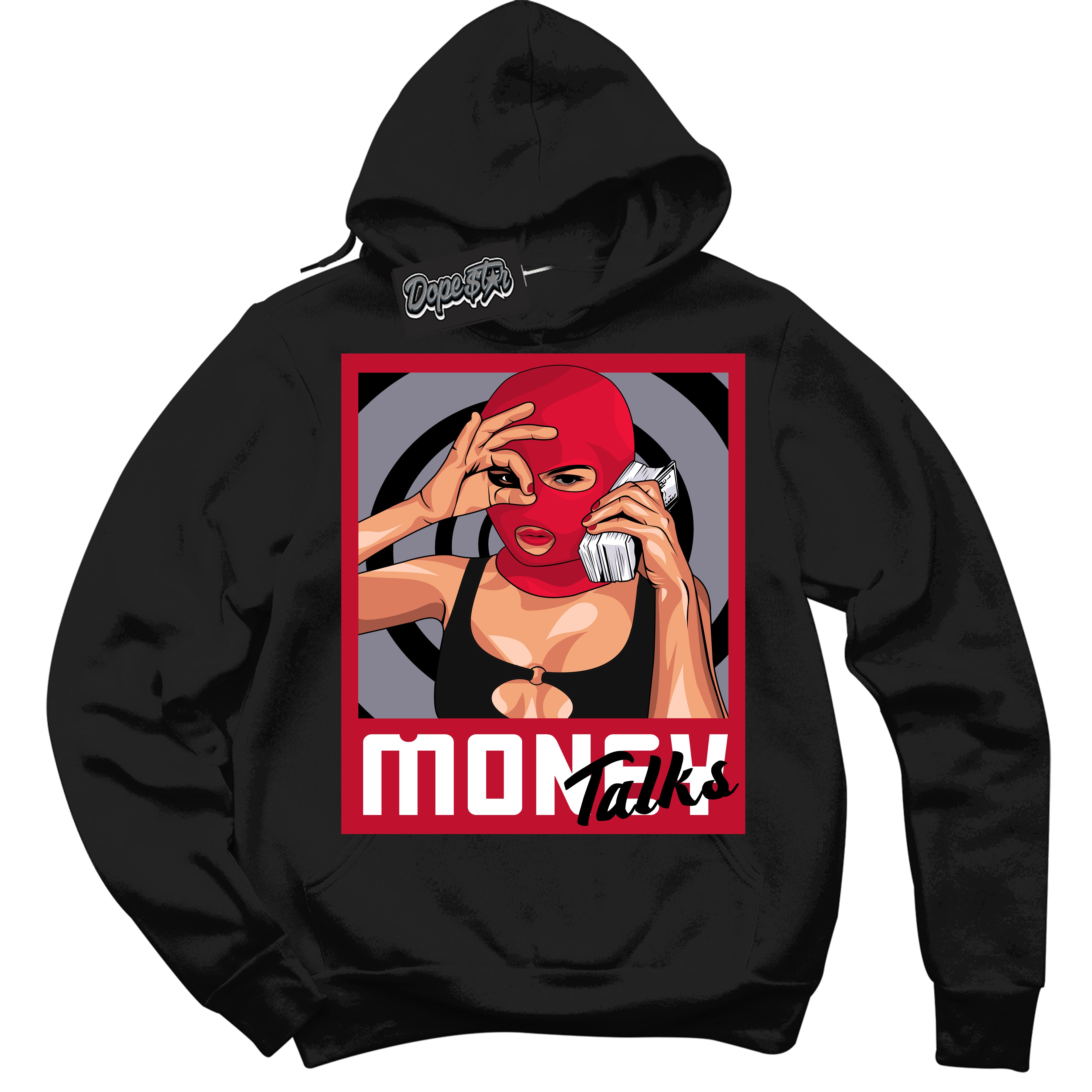 Cool Black Hoodie with “ Money Talks '' design that Perfectly Matches  Cement Grey Fire Red 1s Sneakers.