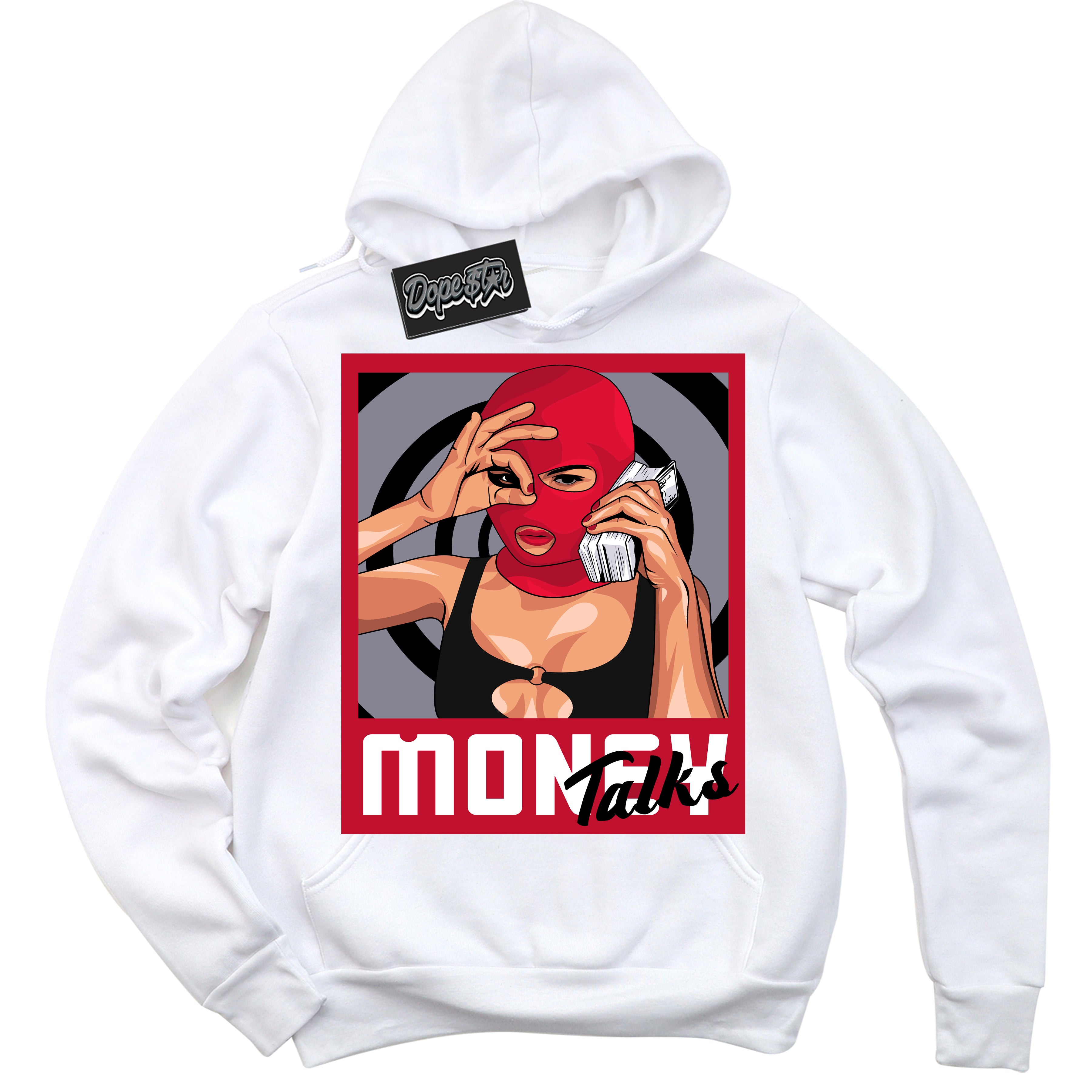 Cool White Hoodie with “ Money Talks '' design that Perfectly Matches  Cement Grey Fire Red 1s Sneakers.