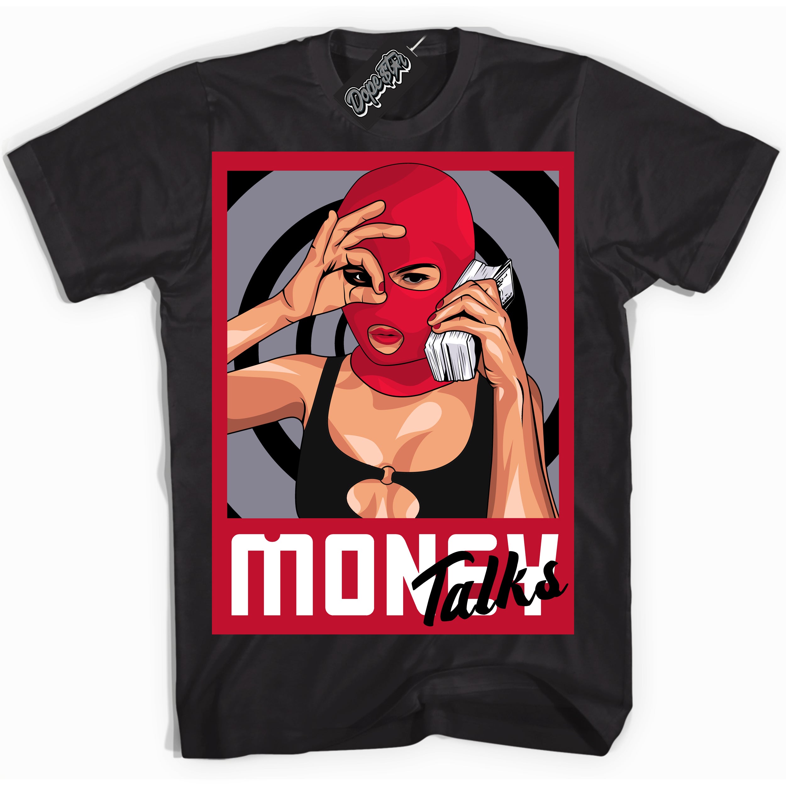 Cool Black Shirt with “ Money Talks ” design that perfectly matches Cement Grey Fire Red 1s Sneakers.