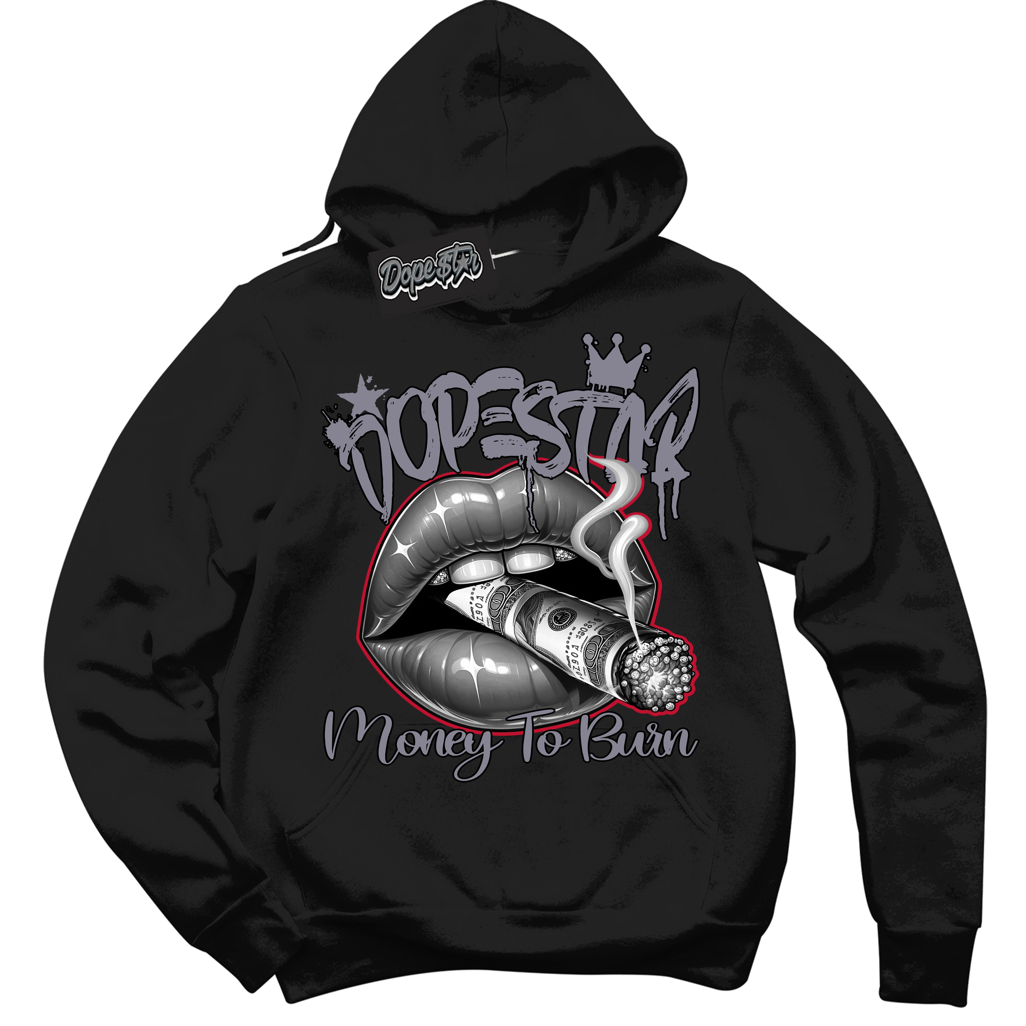 Cool Black Hoodie with “ Money To Burn ”  design that Perfectly Matches Cement Grey Fire Red 1s Sneakers.