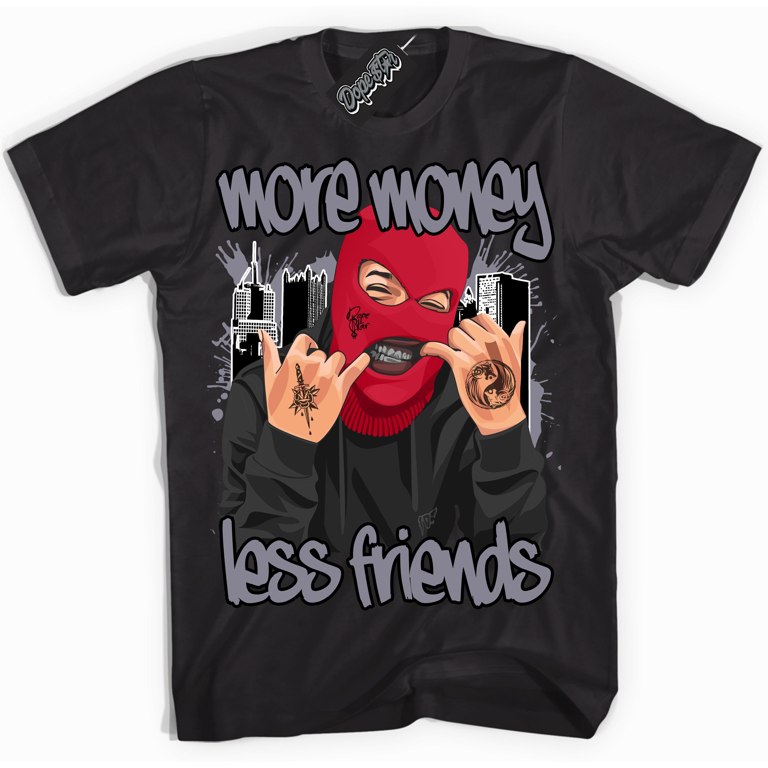 Cool Black Shirt with “ More Money Less Friends ” design that perfectly matches Cement Grey Fire Red 1s Sneakers.