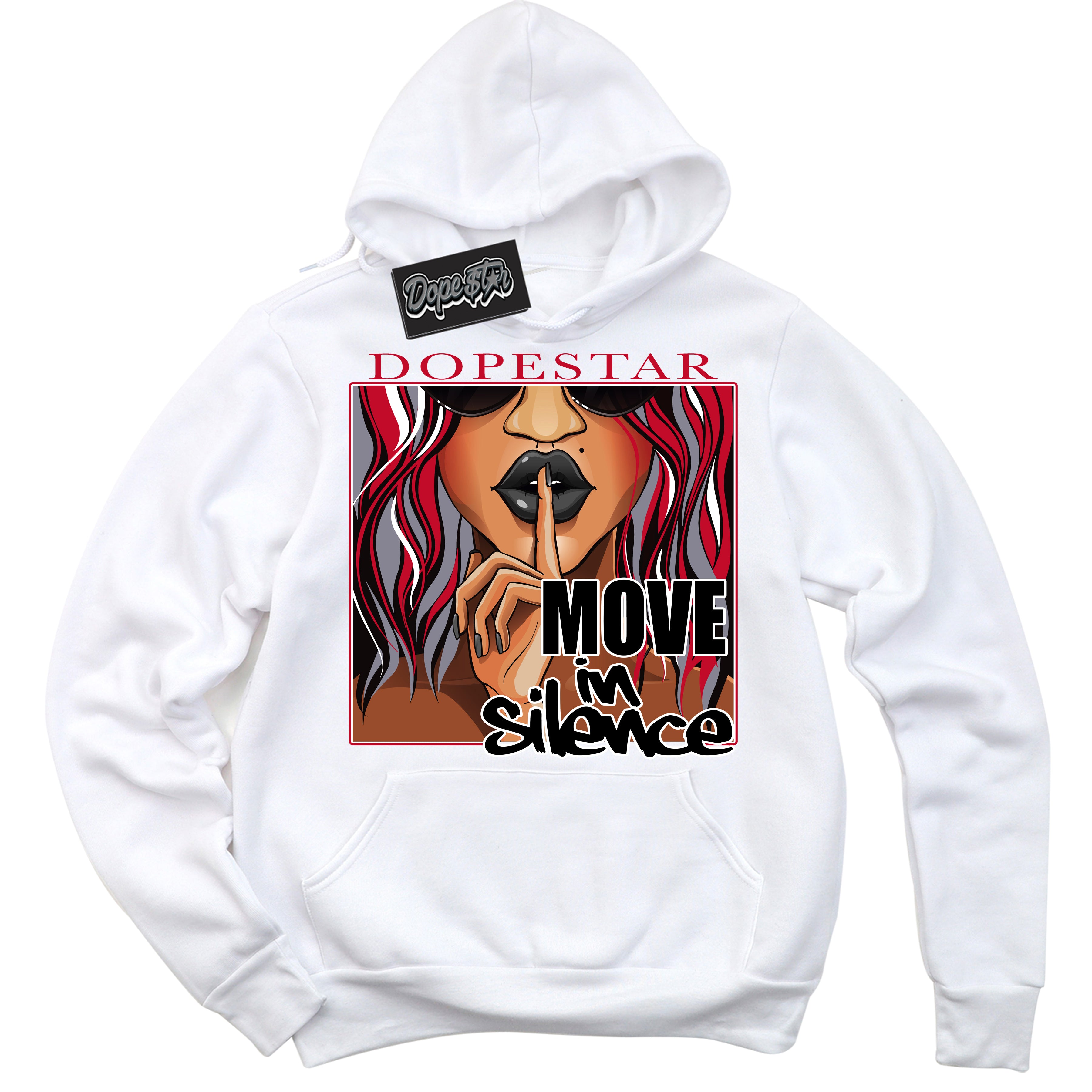 Cool White Hoodie with “ Move In Silence '' design that Perfectly Matches  Cement Grey Fire Red 1s Sneakers.