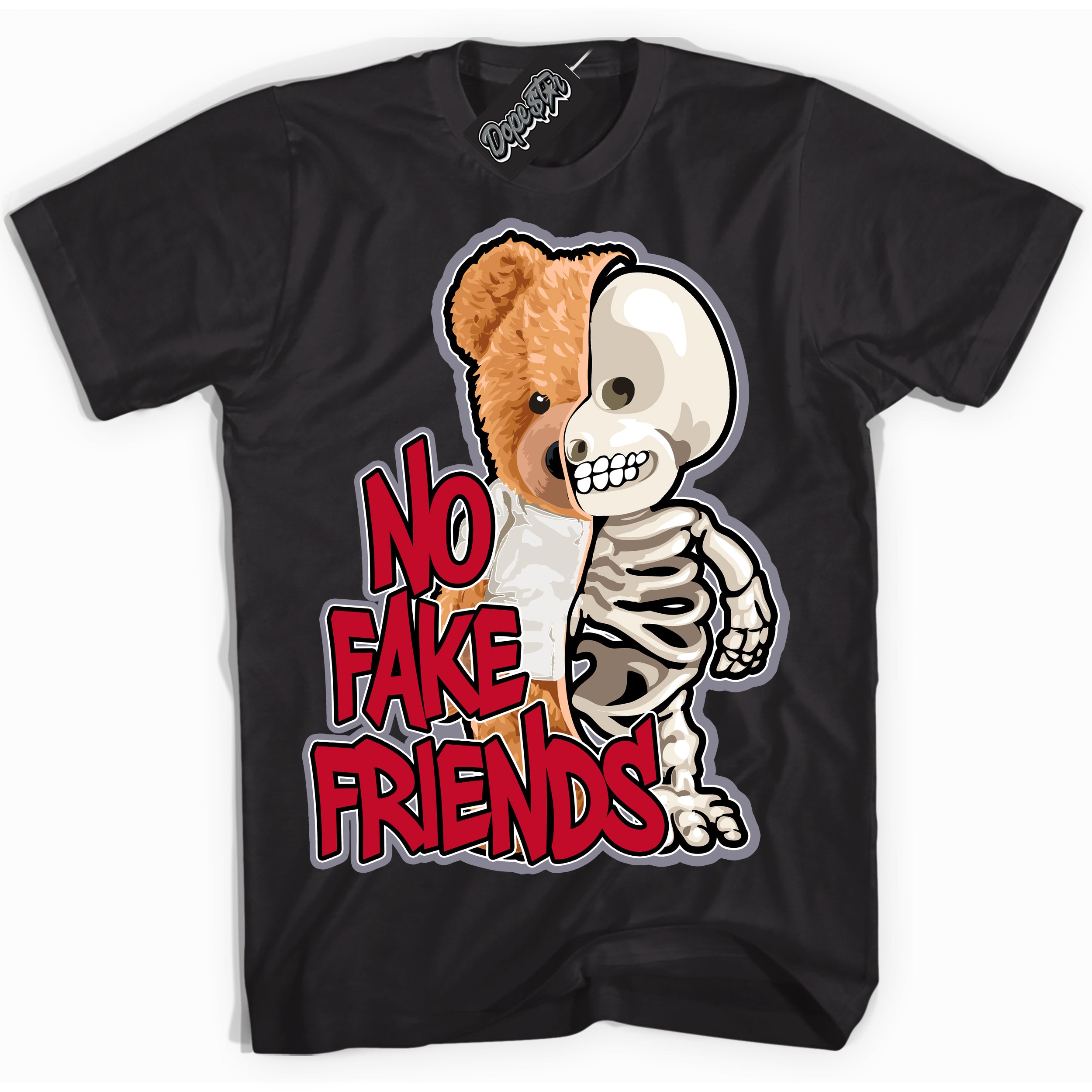 Cool Black Shirt with “ No Fake Friends ” design that perfectly matches Cement Grey Fire Red 1s Sneakers.