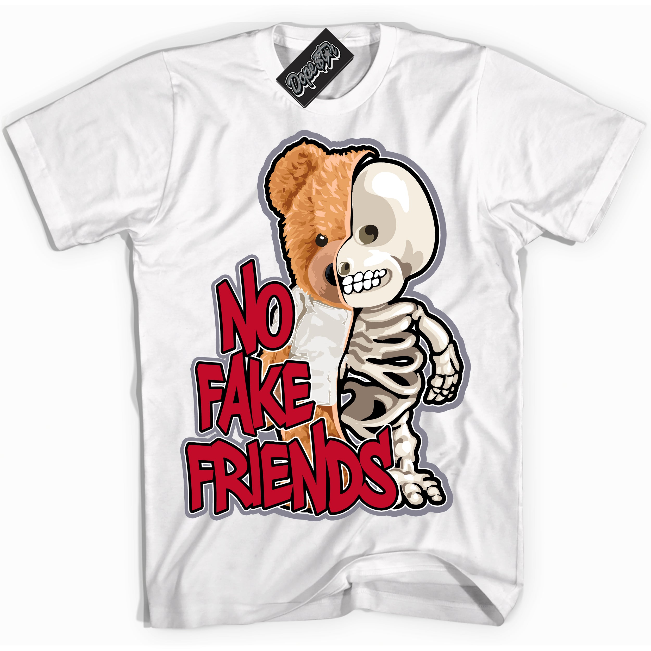 Cool White Shirt with “ No Fake Friends ” design that perfectly matches Cement Grey Fire Red 1s Sneakers.