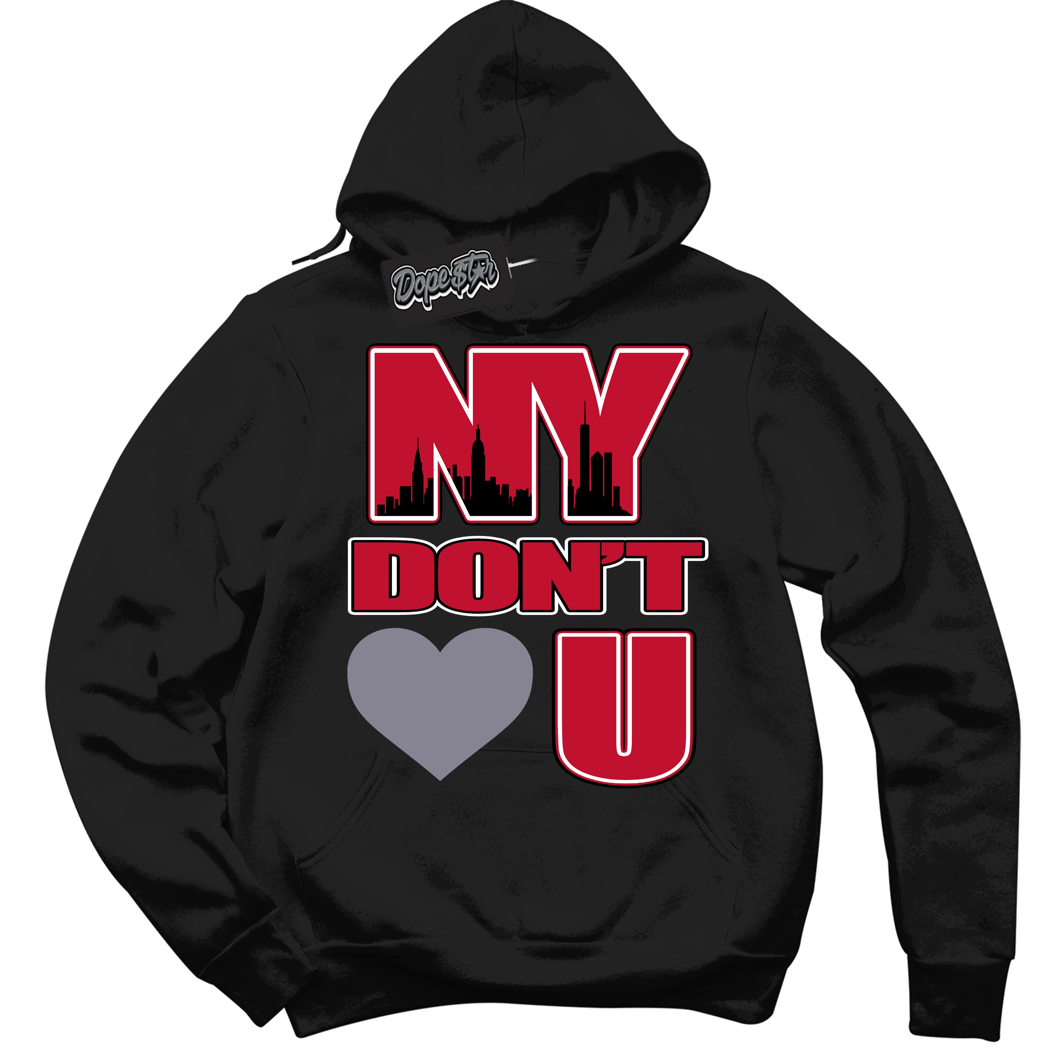 Cool Black Hoodie with “ NY Don't Love You '' design that Perfectly Matches  Cement Grey Fire Red 1s Sneakers.