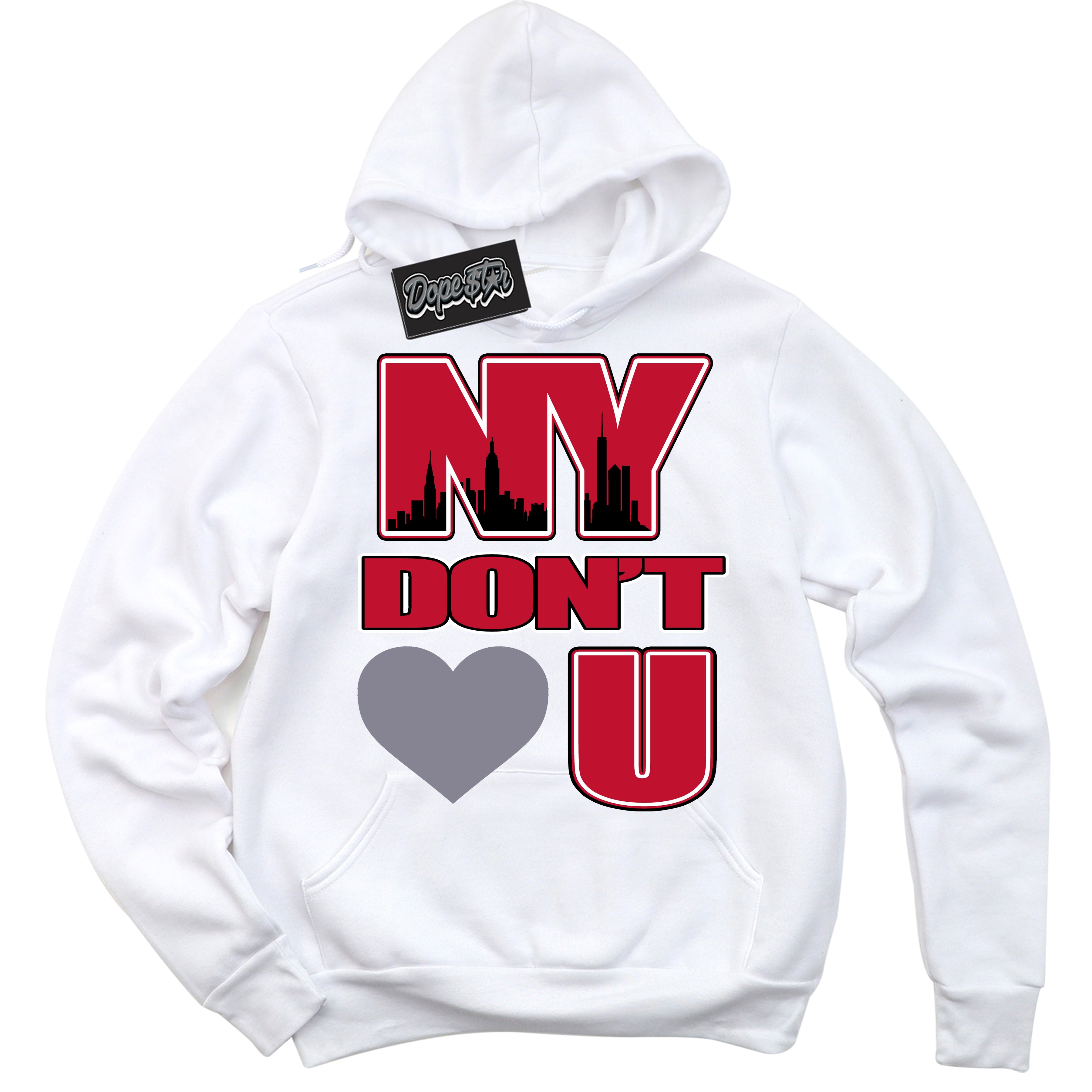 Cool White Hoodie with “ NY Don't Love You '' design that Perfectly Matches  Cement Grey Fire Red 1s Sneakers.