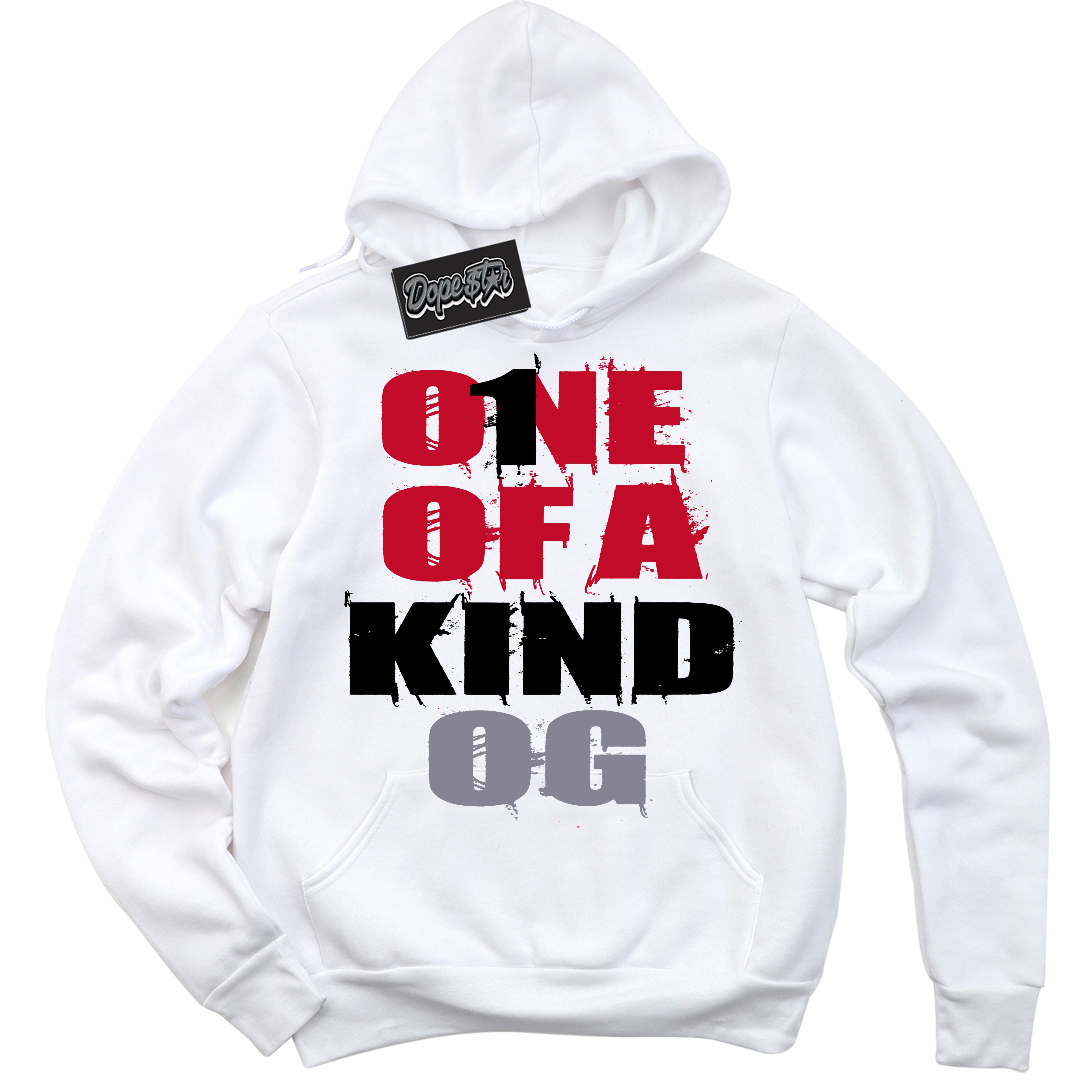 Cool White Hoodie with “ One Of A Kind '' design that Perfectly Matches  Cement Grey Fire Red 1s Sneakers.