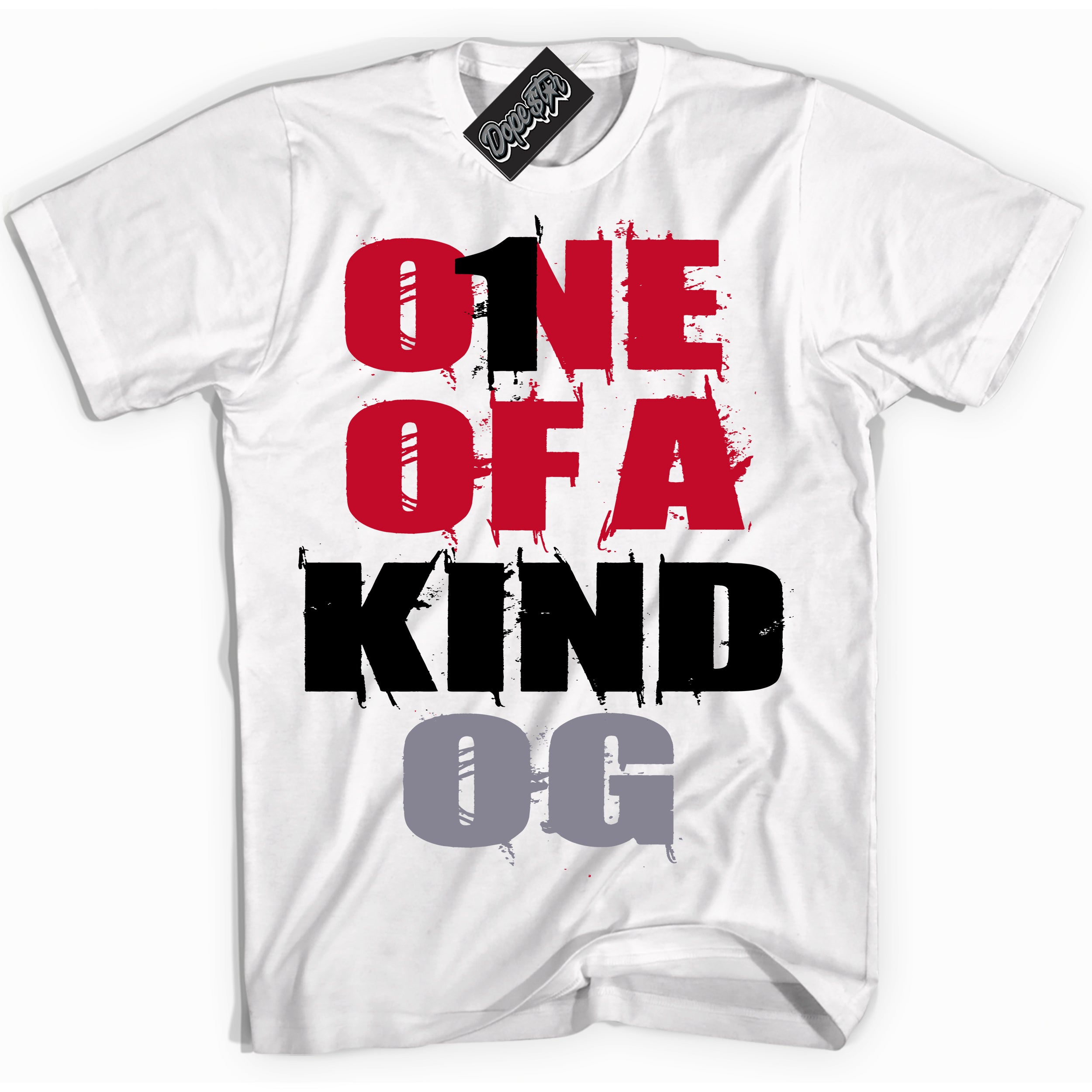 Cool White Shirt with “ One Of A Kind ” design that perfectly matches Cement Grey Fire Red 1s Sneakers.