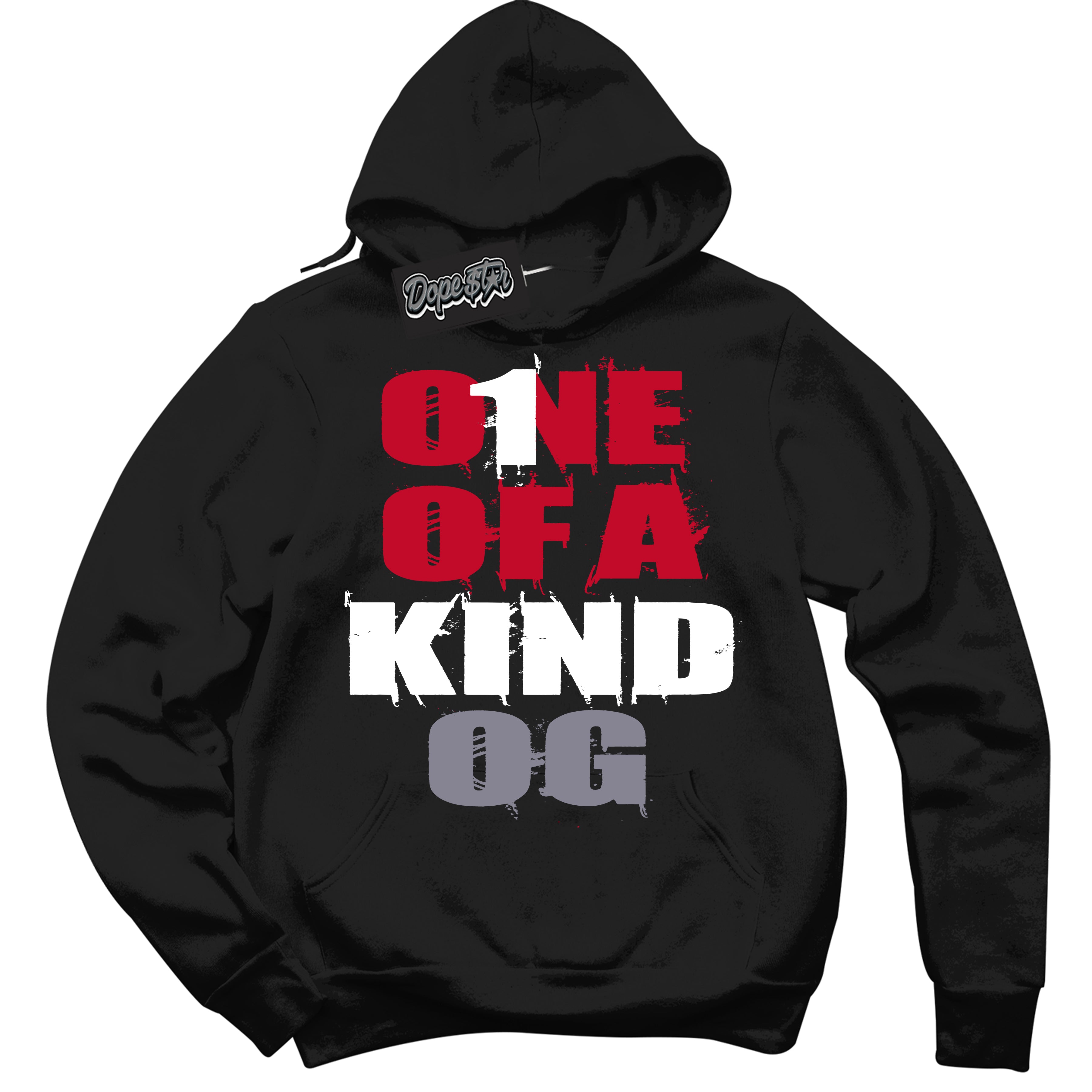 Cool Black Hoodie with “ One Of A Kind '' design that Perfectly Matches  Cement Grey Fire Red 1s Sneakers.