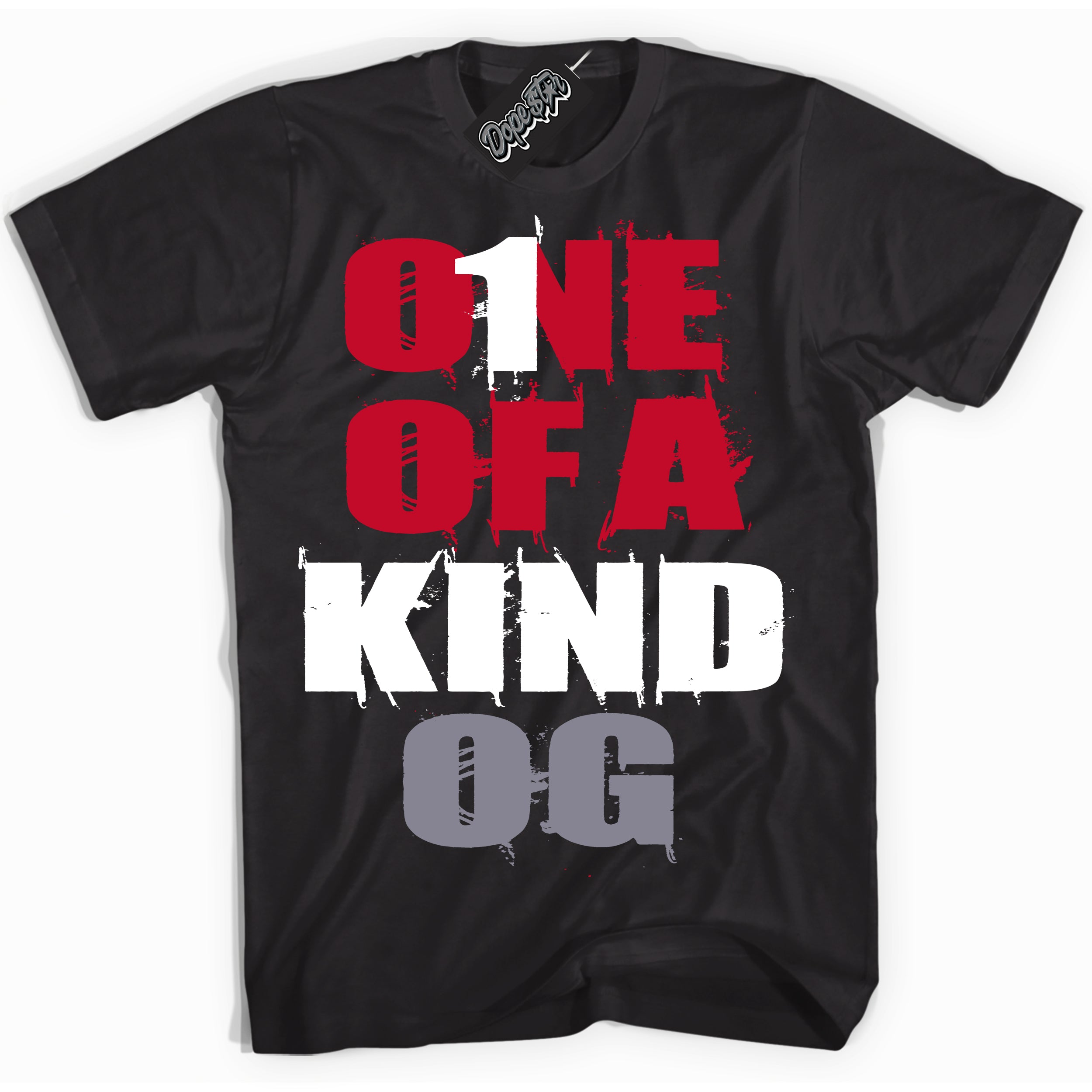 Cool Black Shirt with “ One Of A Kind ” design that perfectly matches Cement Grey Fire Red 1s Sneakers.