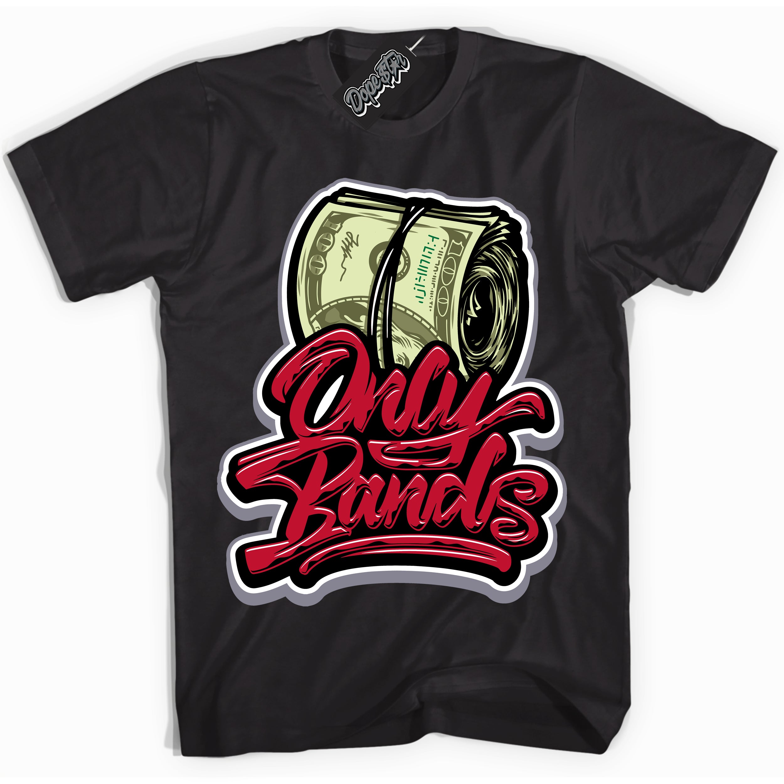 Cool Black Shirt with “ Only Bands ” design that perfectly matches Cement Grey Fire Red 1s Sneakers.