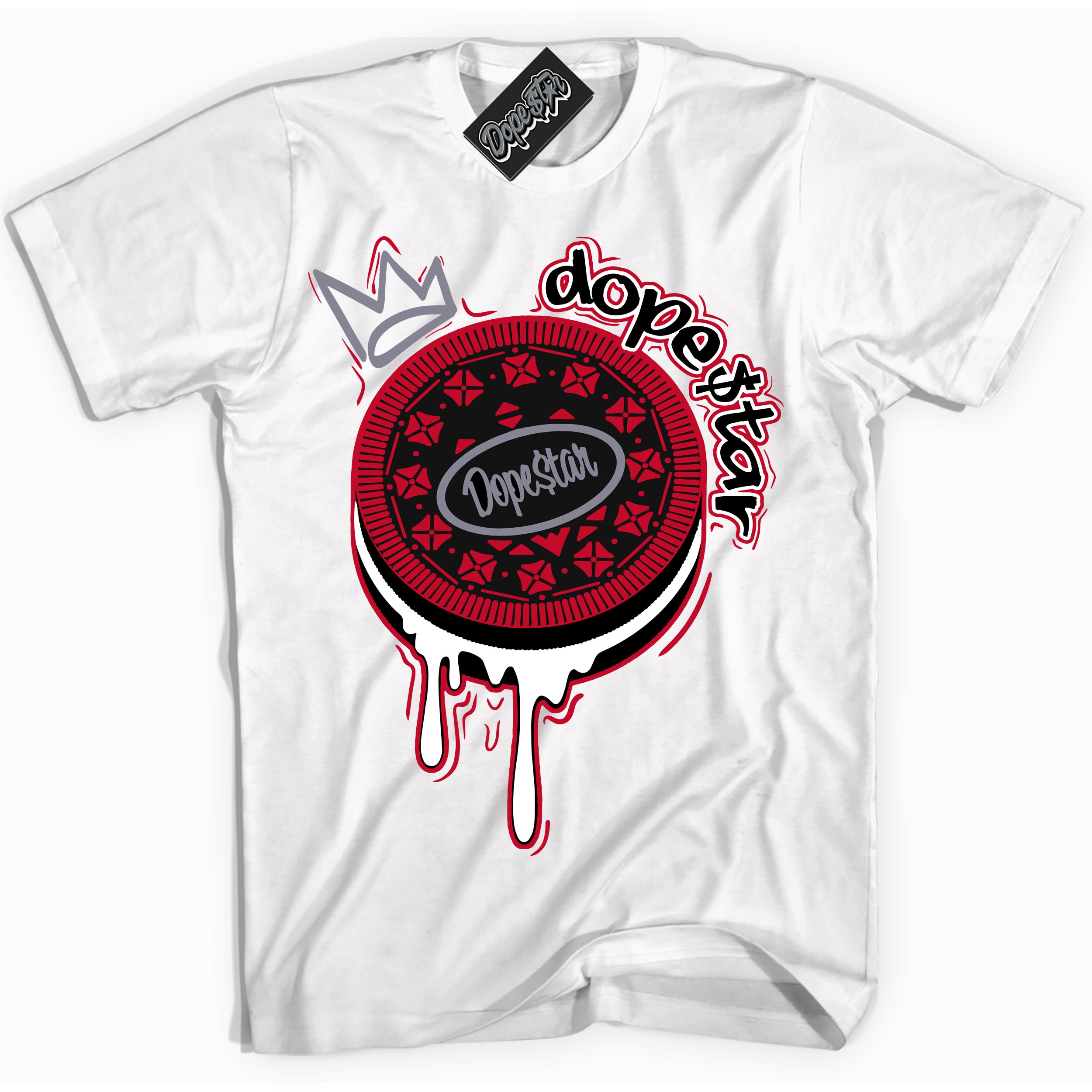 Cool White Shirt with “ Oreo DS ” design that perfectly matches Cement Grey Fire Red 1s Sneakers.