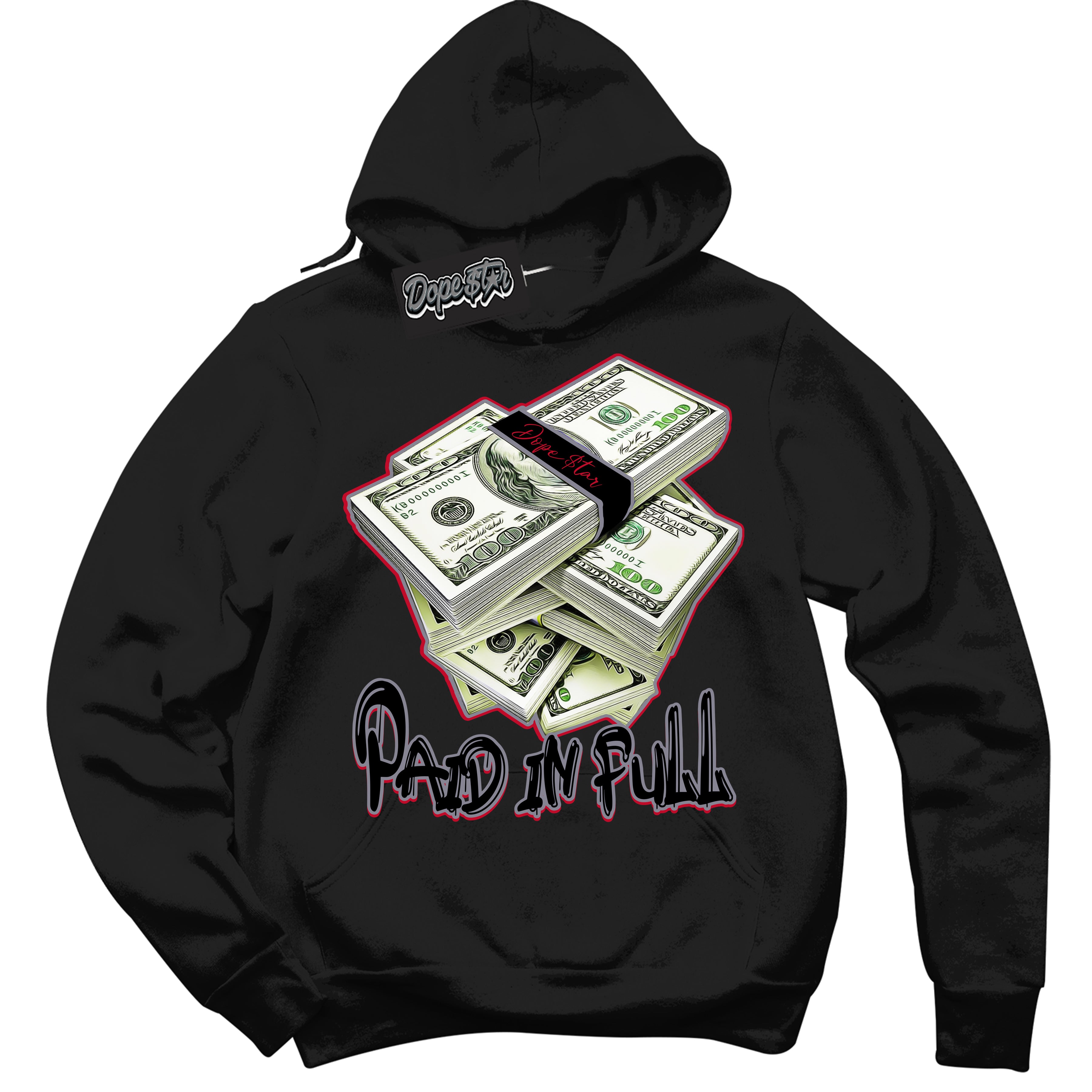 Cool Black Hoodie with “ Paid In Full '' design that Perfectly Matches  Cement Grey Fire Red 1s Sneakers.