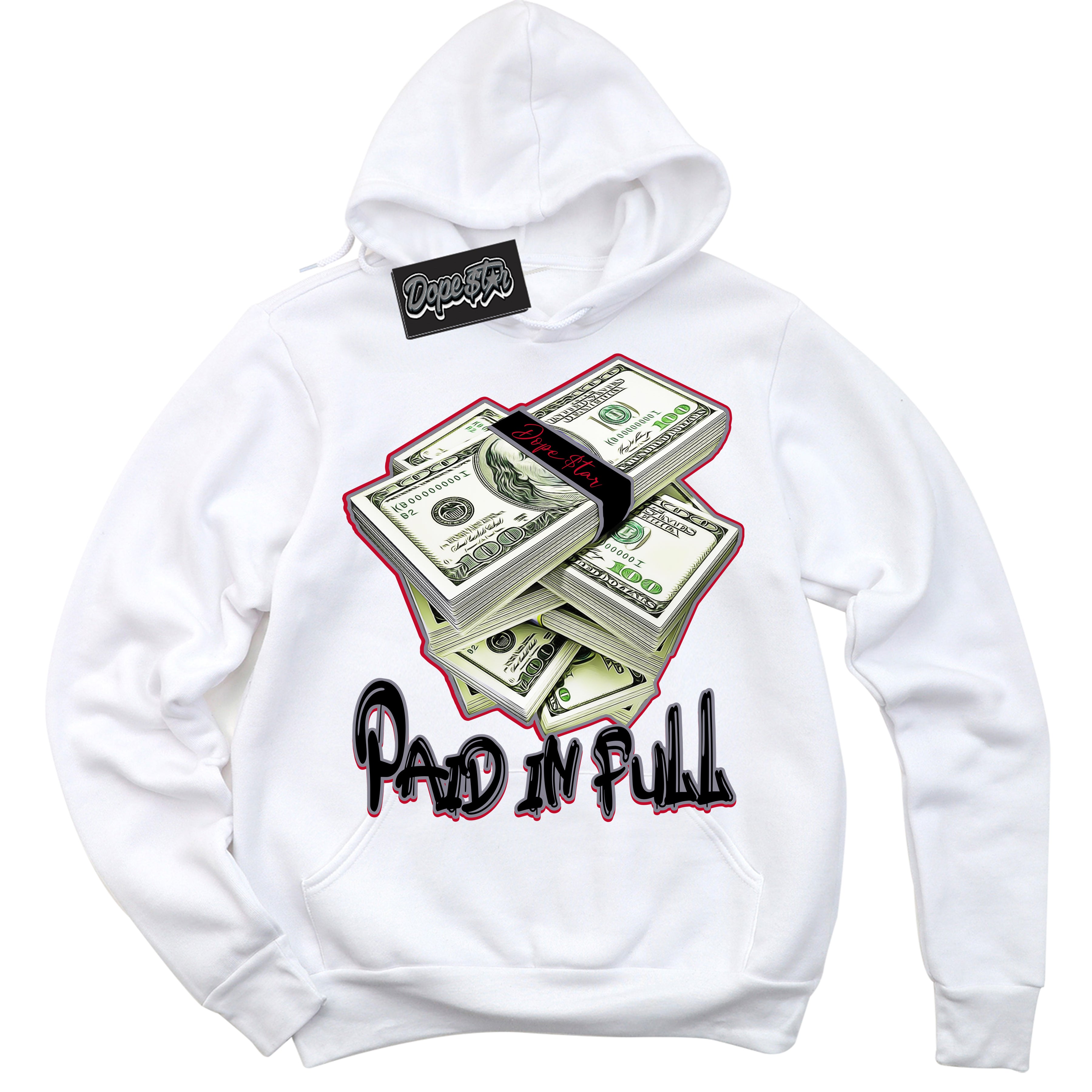 Cool White Hoodie with “ Paid In Full '' design that Perfectly Matches  Cement Grey Fire Red 1s Sneakers.