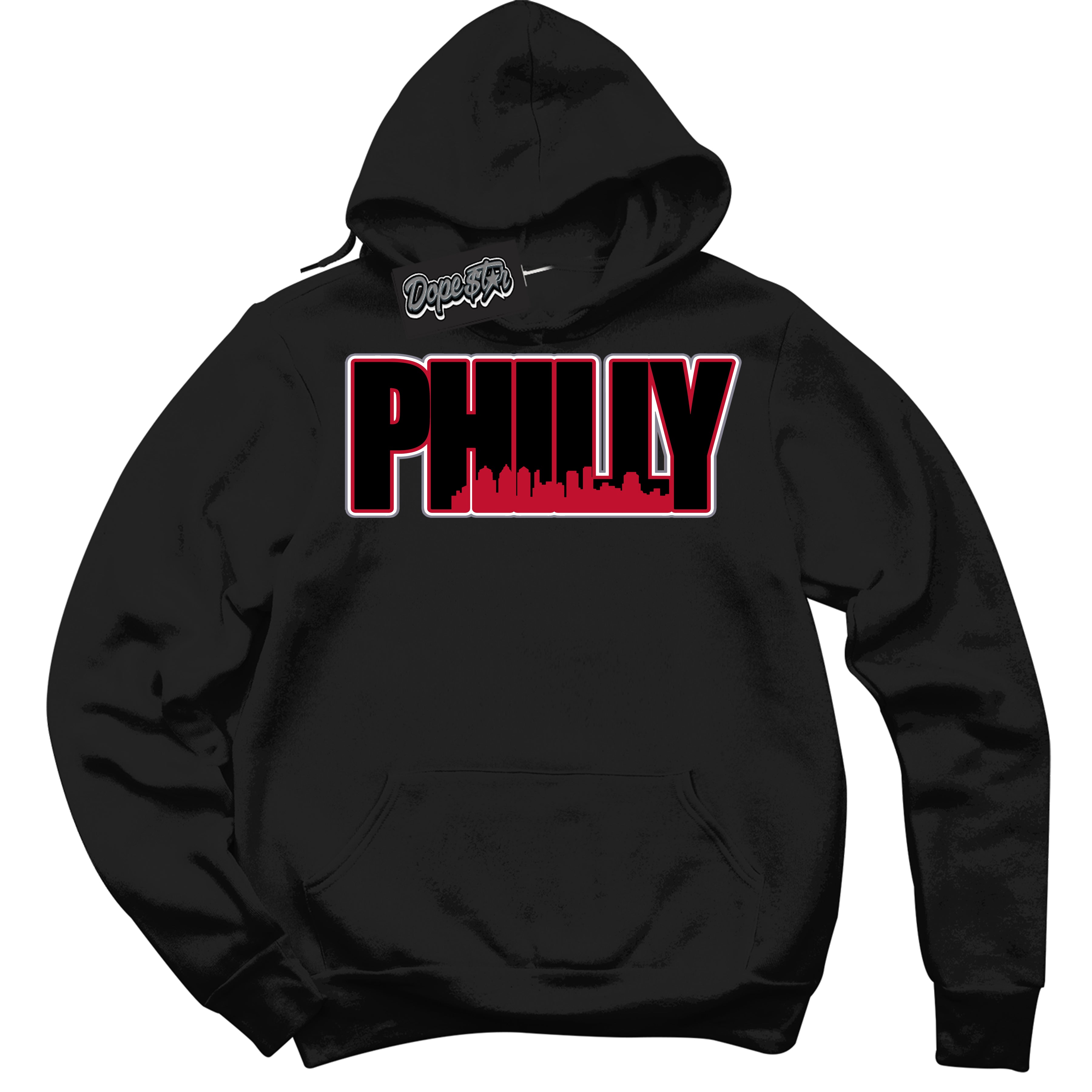 Cool Black Hoodie with “ Philly '' design that Perfectly Matches  Cement Grey Fire Red 1s Sneakers.