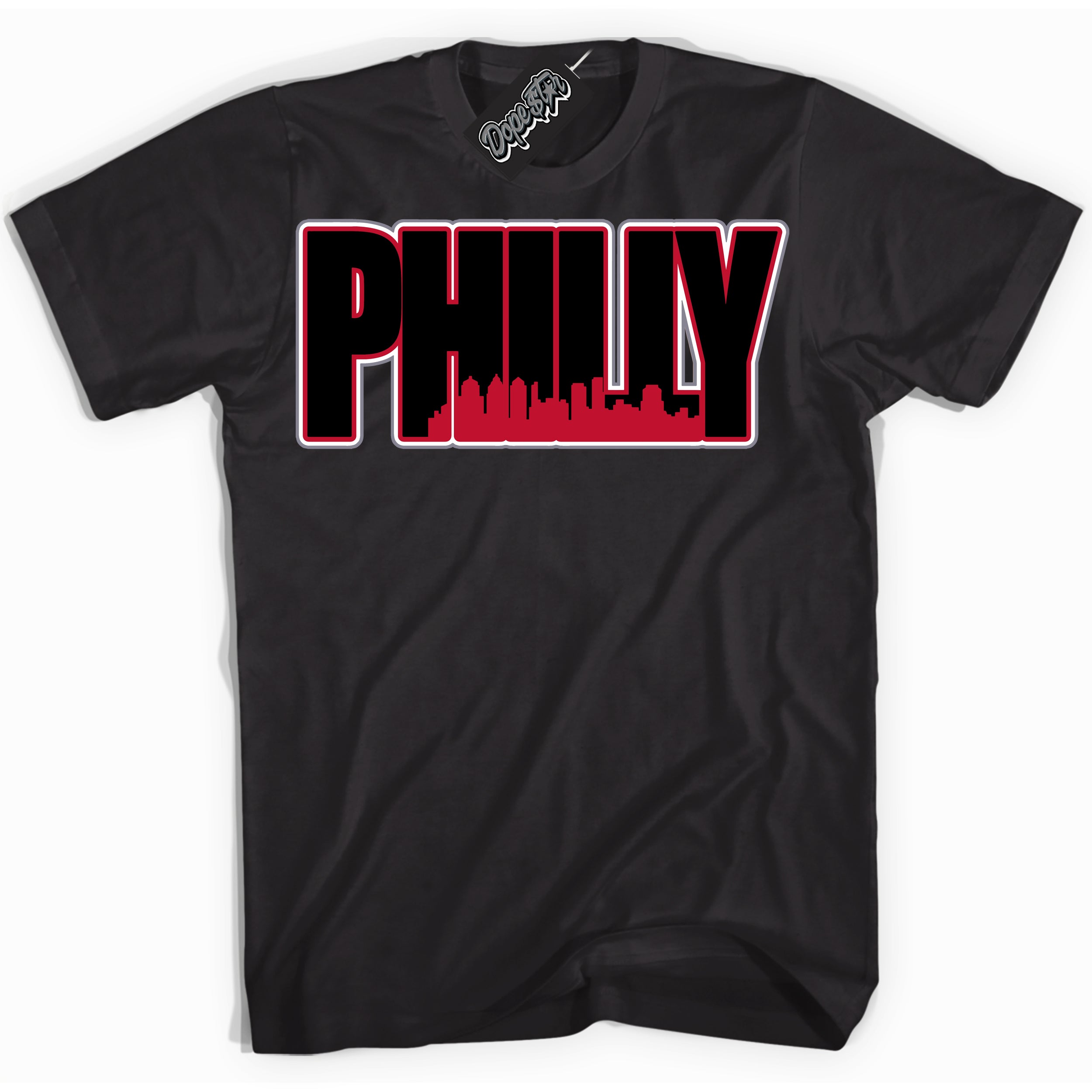 Cool Black Shirt with “ Philly ” design that perfectly matches Cement Grey Fire Red 1s Sneakers.