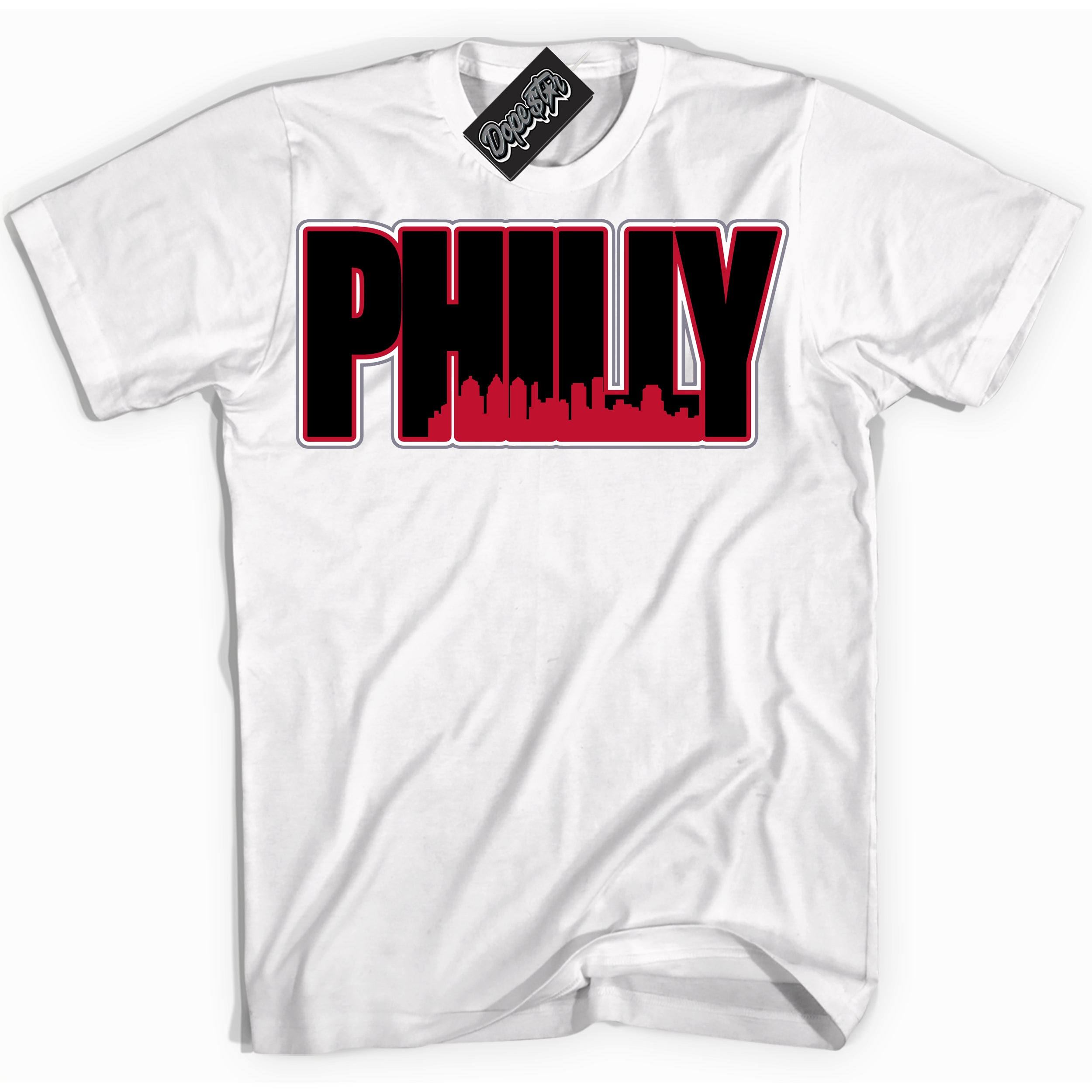 Cool White Shirt with “ Philly ” design that perfectly matches Cement Grey Fire Red 1s Sneakers.