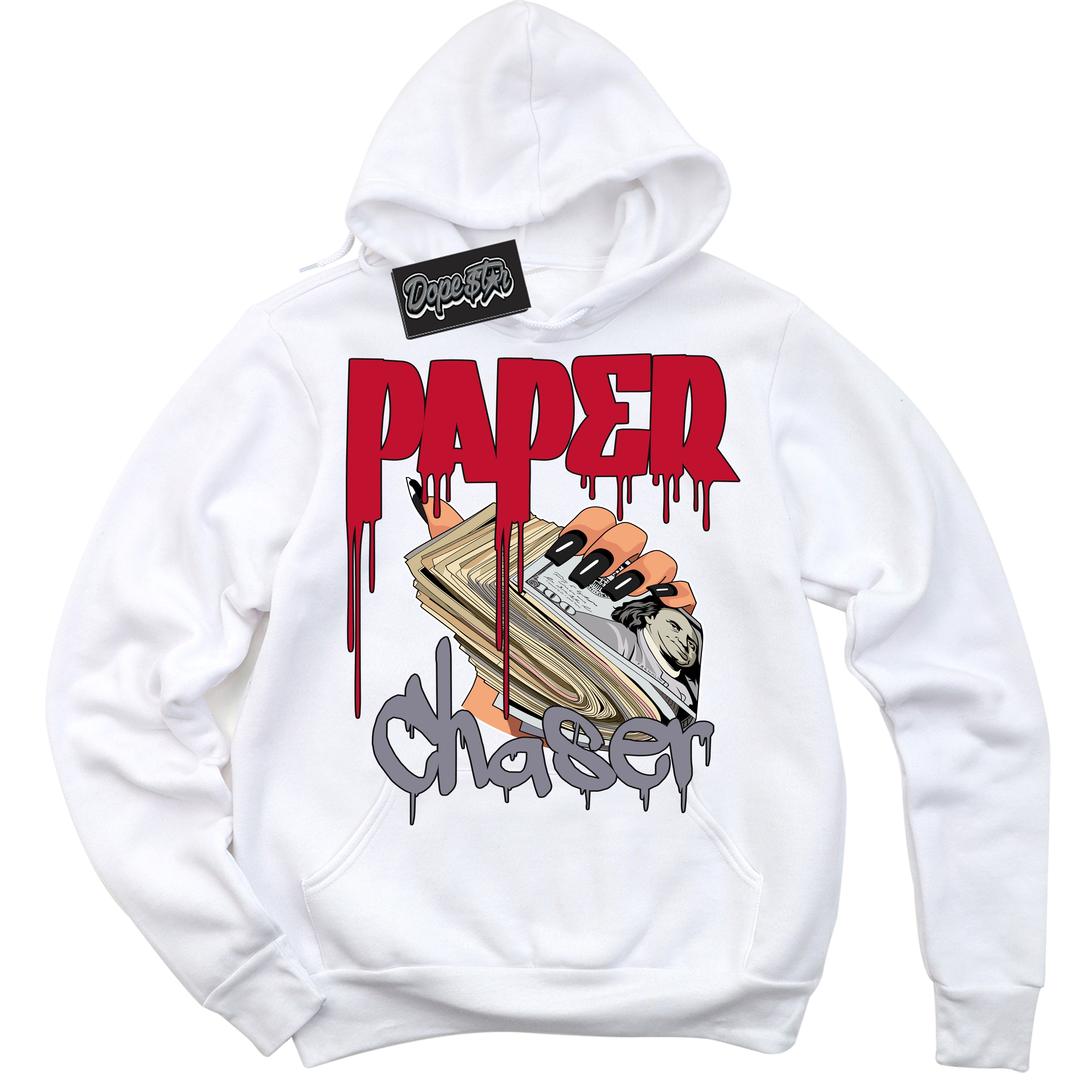 Cool White Hoodie with “ Paper Chaser '' design that Perfectly Matches  Cement Grey Fire Red 1s Sneakers.