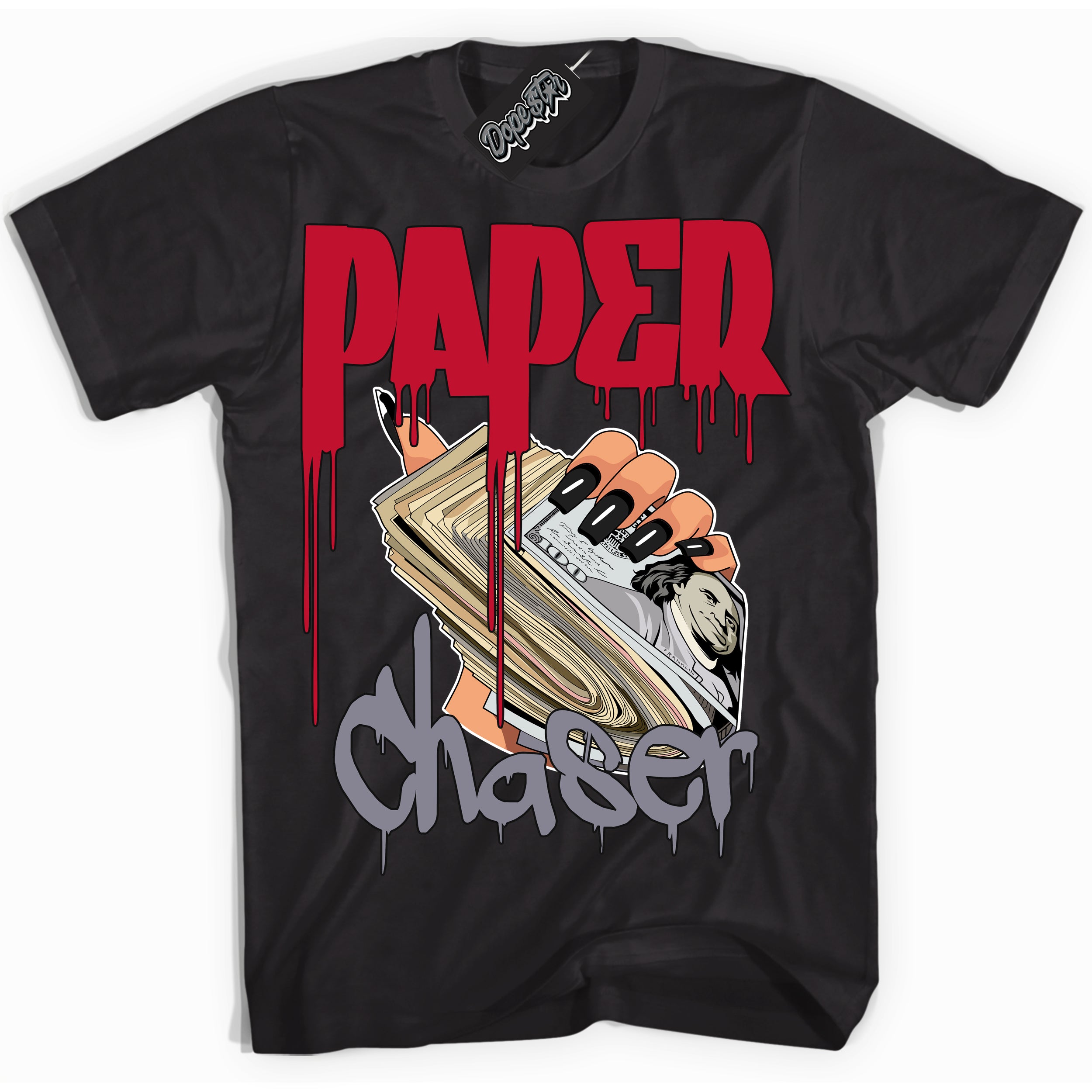 Cool Black Shirt with “ Paper Chaser ” design that perfectly matches Cement Grey Fire Red 1s Sneakers.