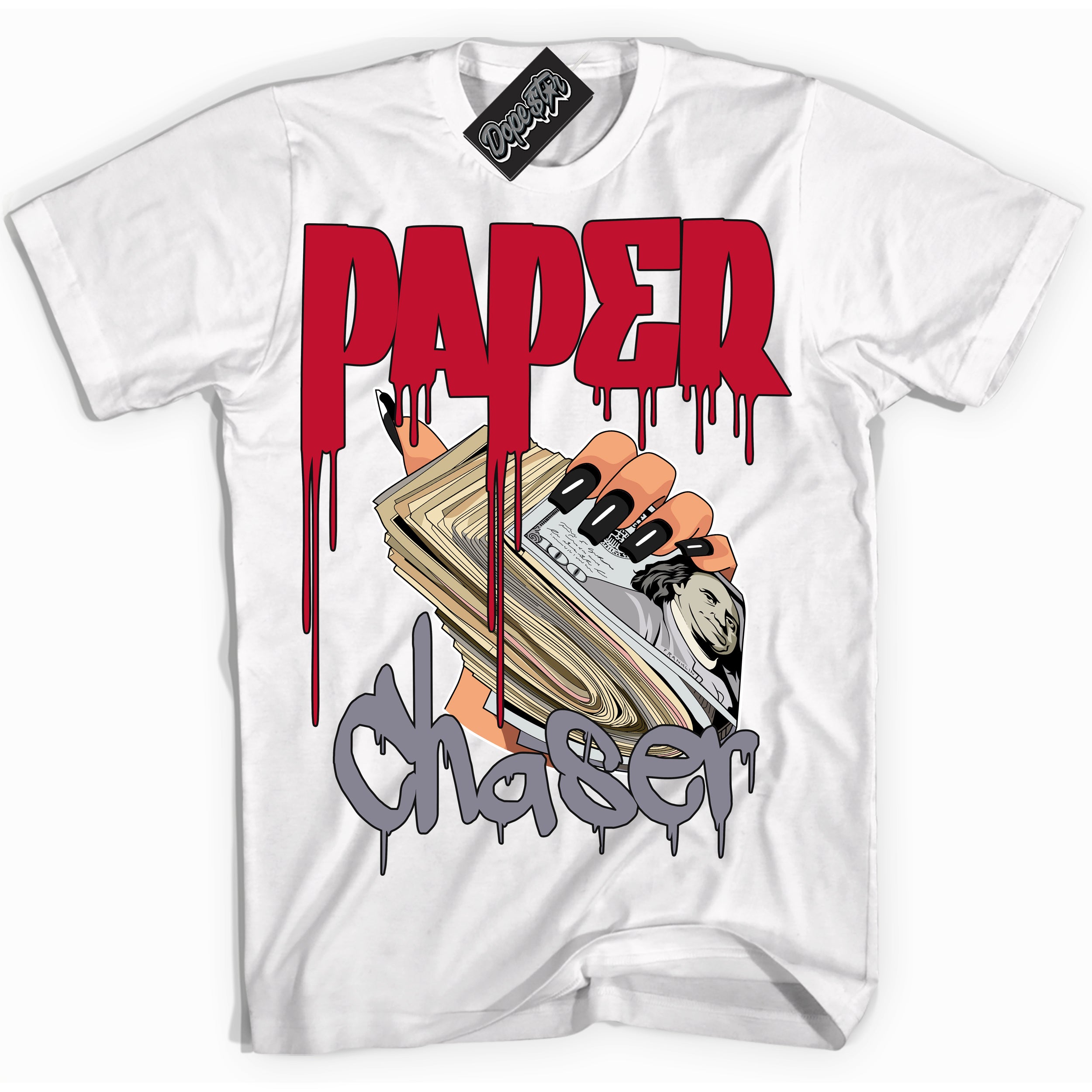 Cool White Shirt with “ Paper Chaser ” design that perfectly matches Cement Grey Fire Red 1s Sneakers.