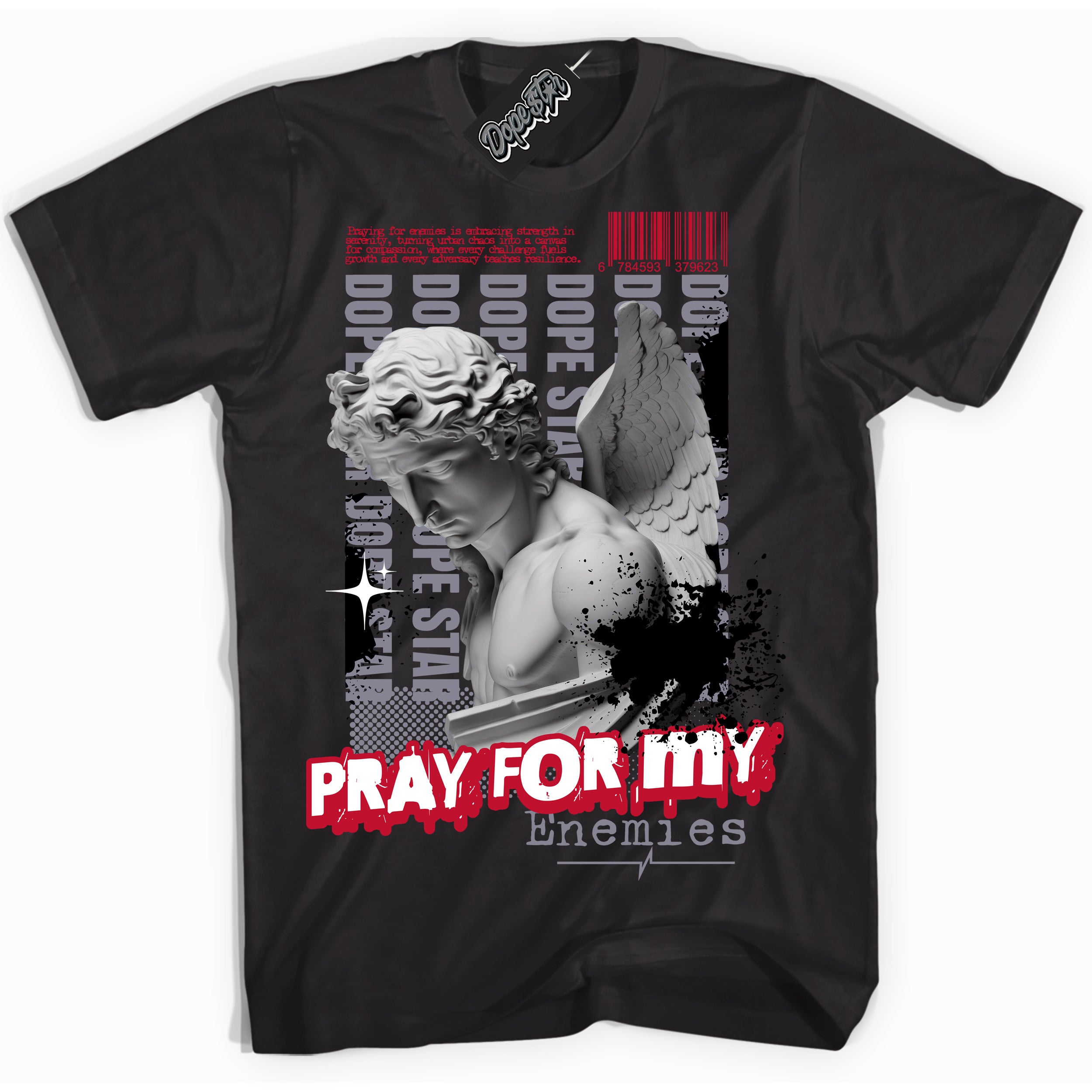 Cool Black Shirt with “ Pray Enemies” design that perfectly matches Cement Grey Fire Red 1s Sneakers.