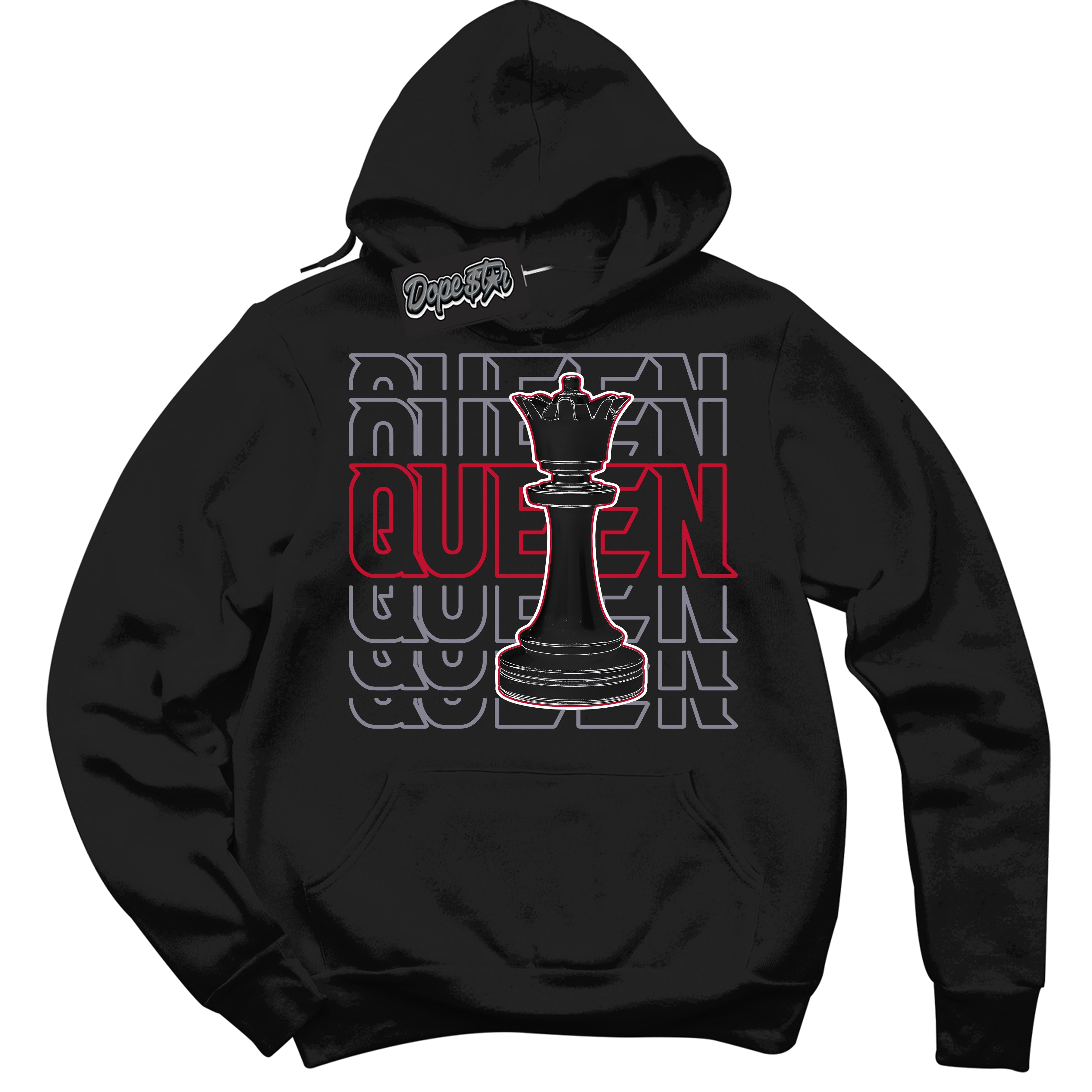 Cool Black Hoodie with “ Queen Chess '' design that Perfectly Matches  Cement Grey Fire Red 1s Sneakers.